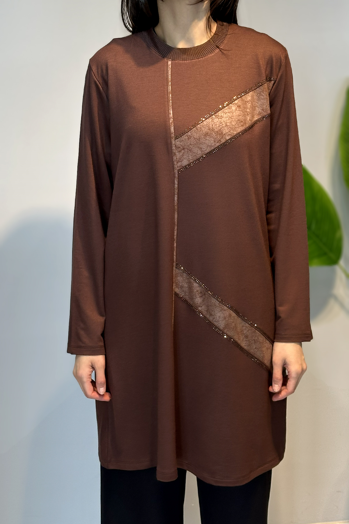 Penye Taş Detaylı Tunik 45-97 Kahve