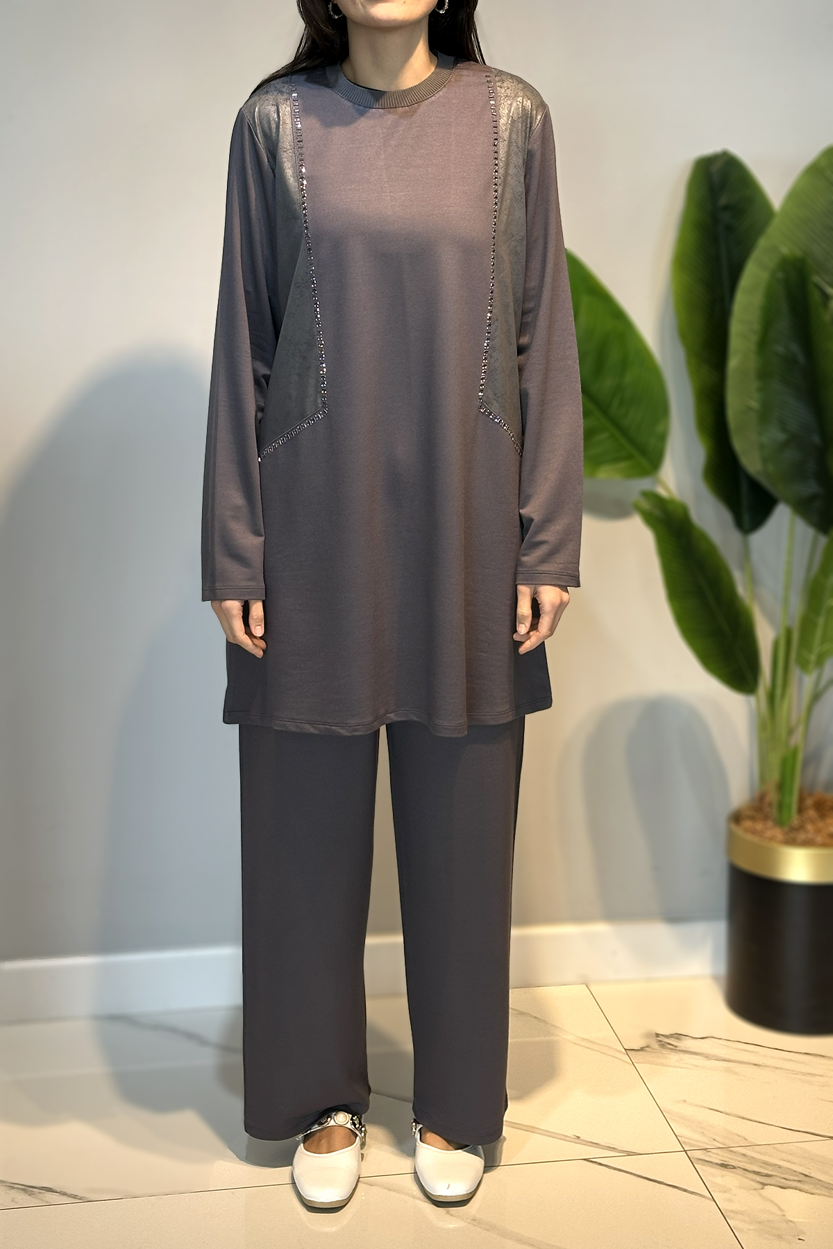 Penye Taş Detaylı Tunik Pantolon Takım 45-91 Antrasit