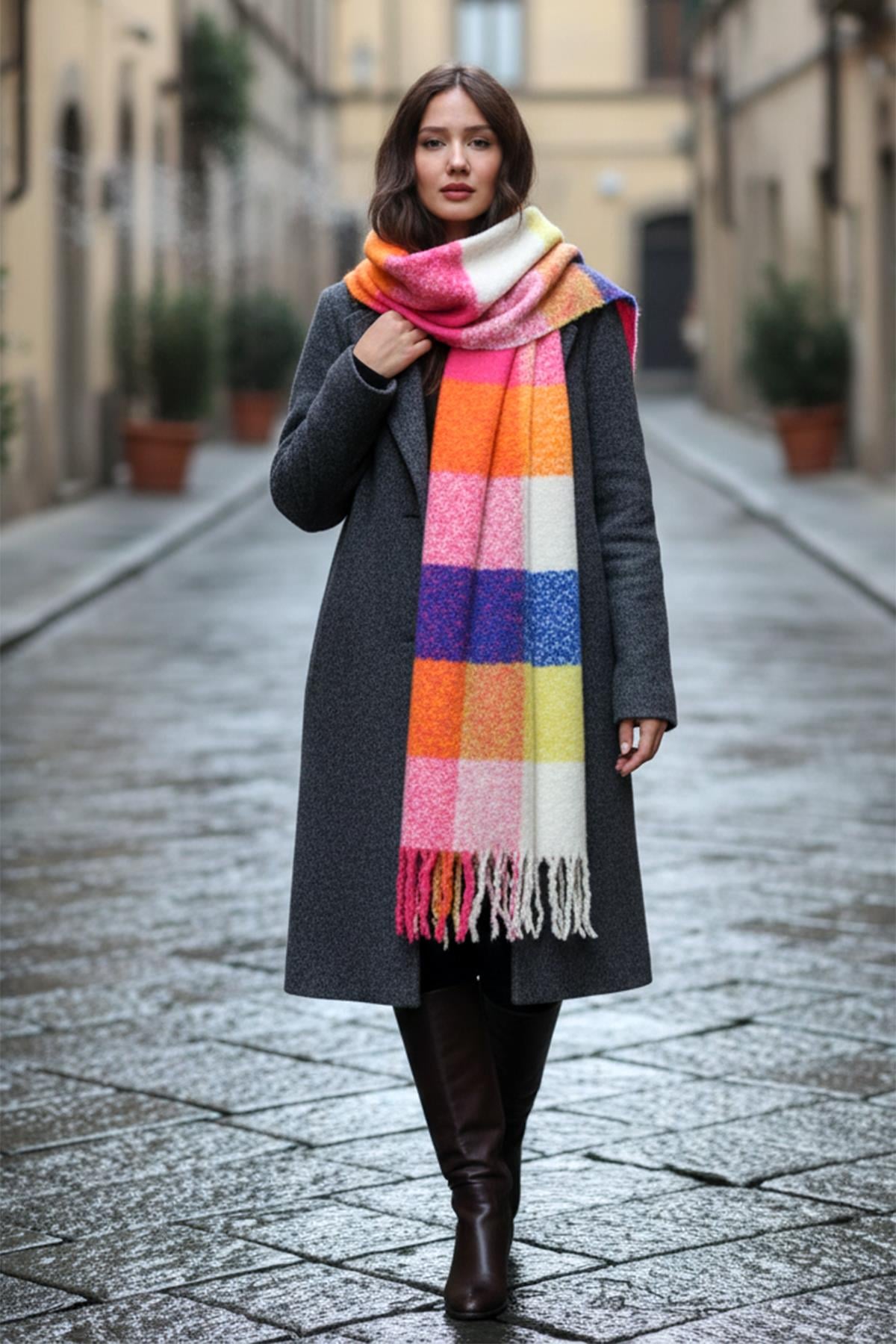 Püsküllü Buklet Atkı Şal 40X210 cm 1256 Fuşya