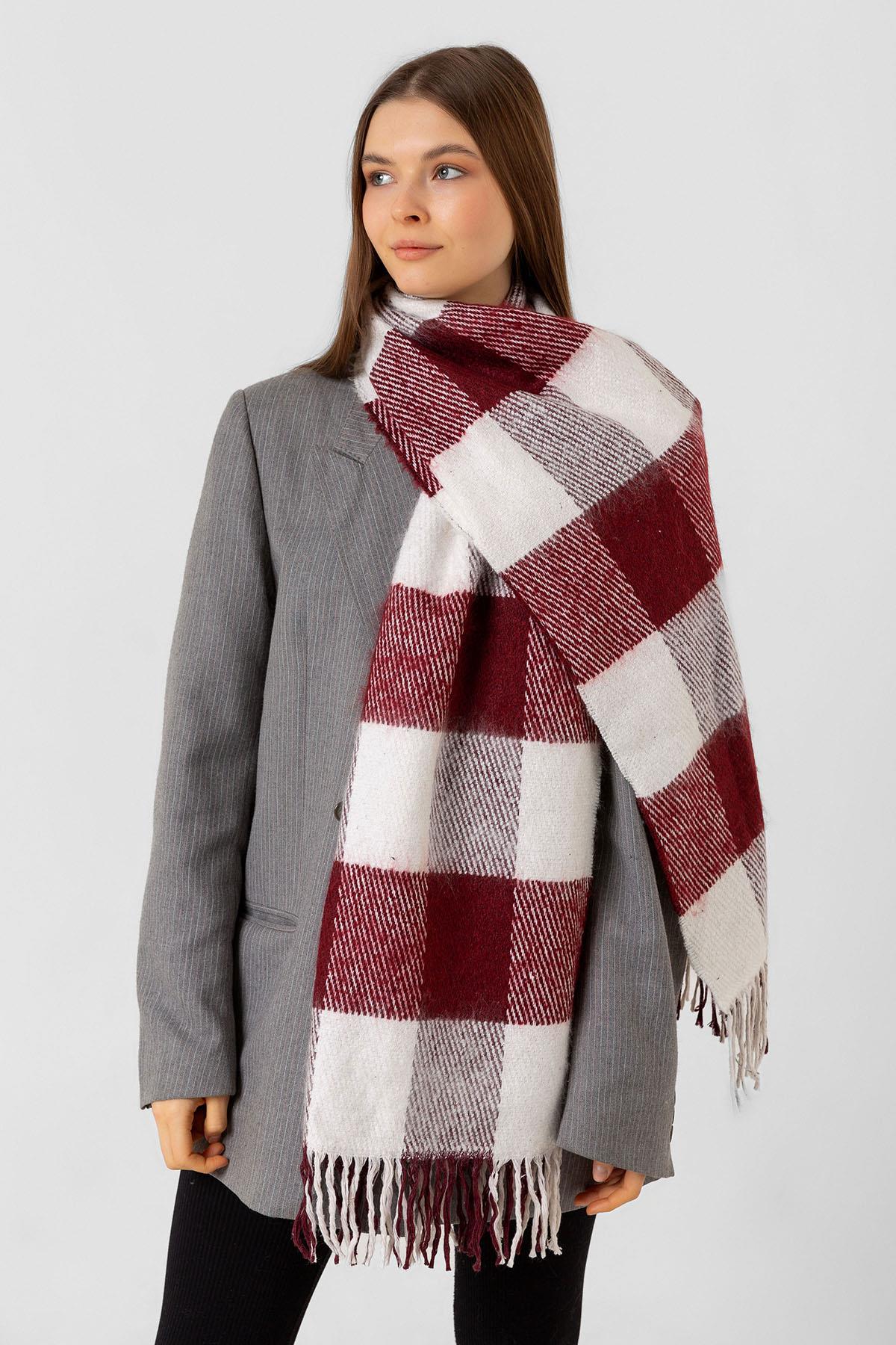 Püsküllü Buklet Atkı Şal 40X210 cm 1291 Bordo