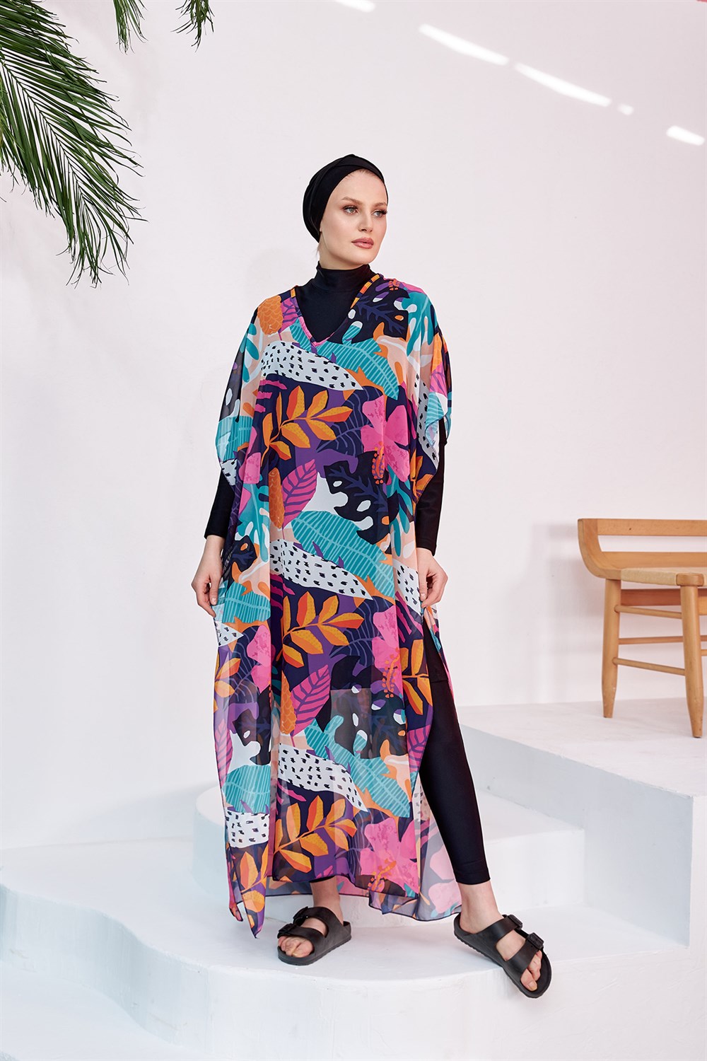Remsa Mayo Tesettür Mayo Üzerine Desenli Tek Kaftan Pareo 430-132 Fuşya