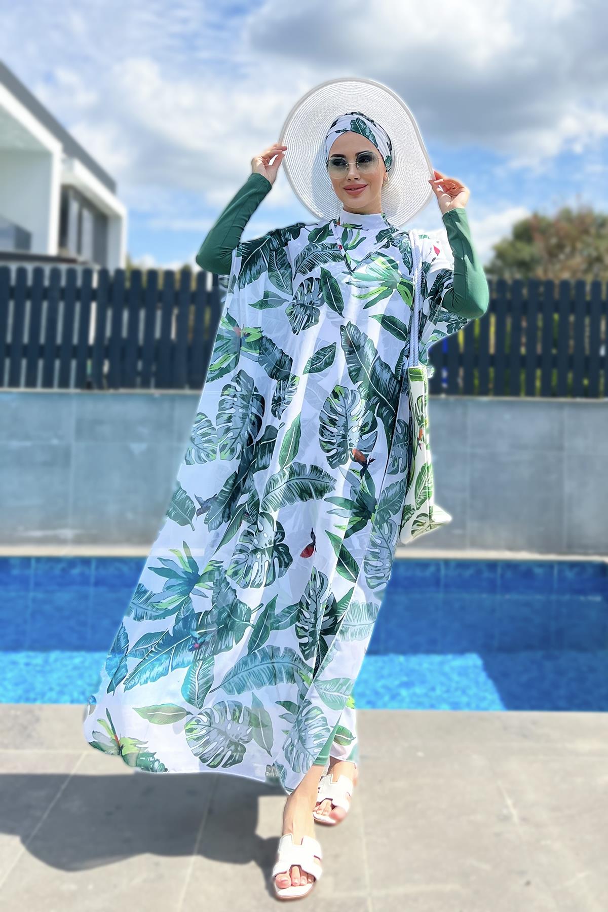 Remsa Mayo Tesettür Mayo Üzerine Desenli Tek Kaftan Pareo Yeşil Yapraklar