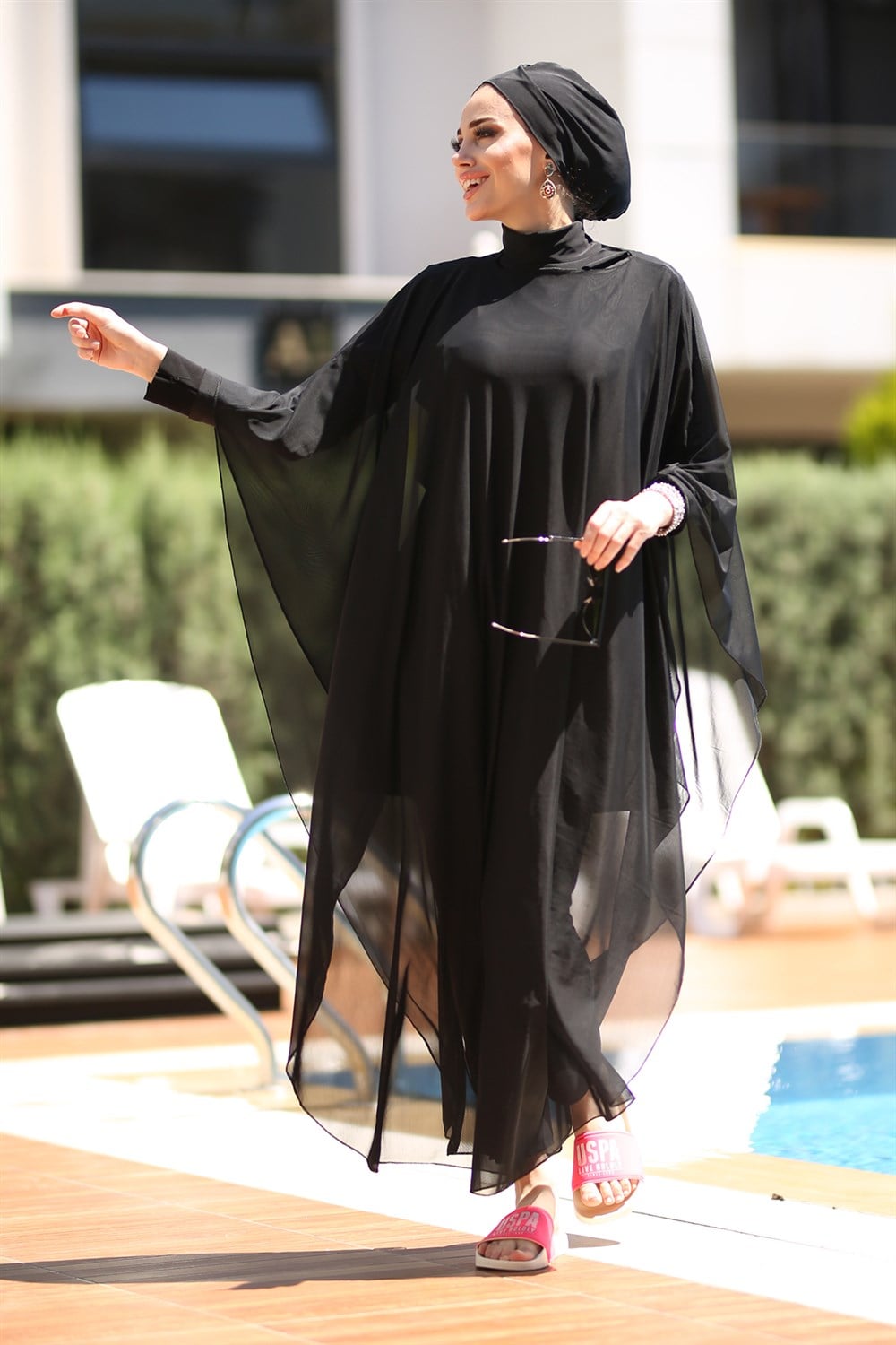 Remsa Mayo Tesettür Mayo Üzerine Desenli Tek Kaftan Pareo RP001 Siyah