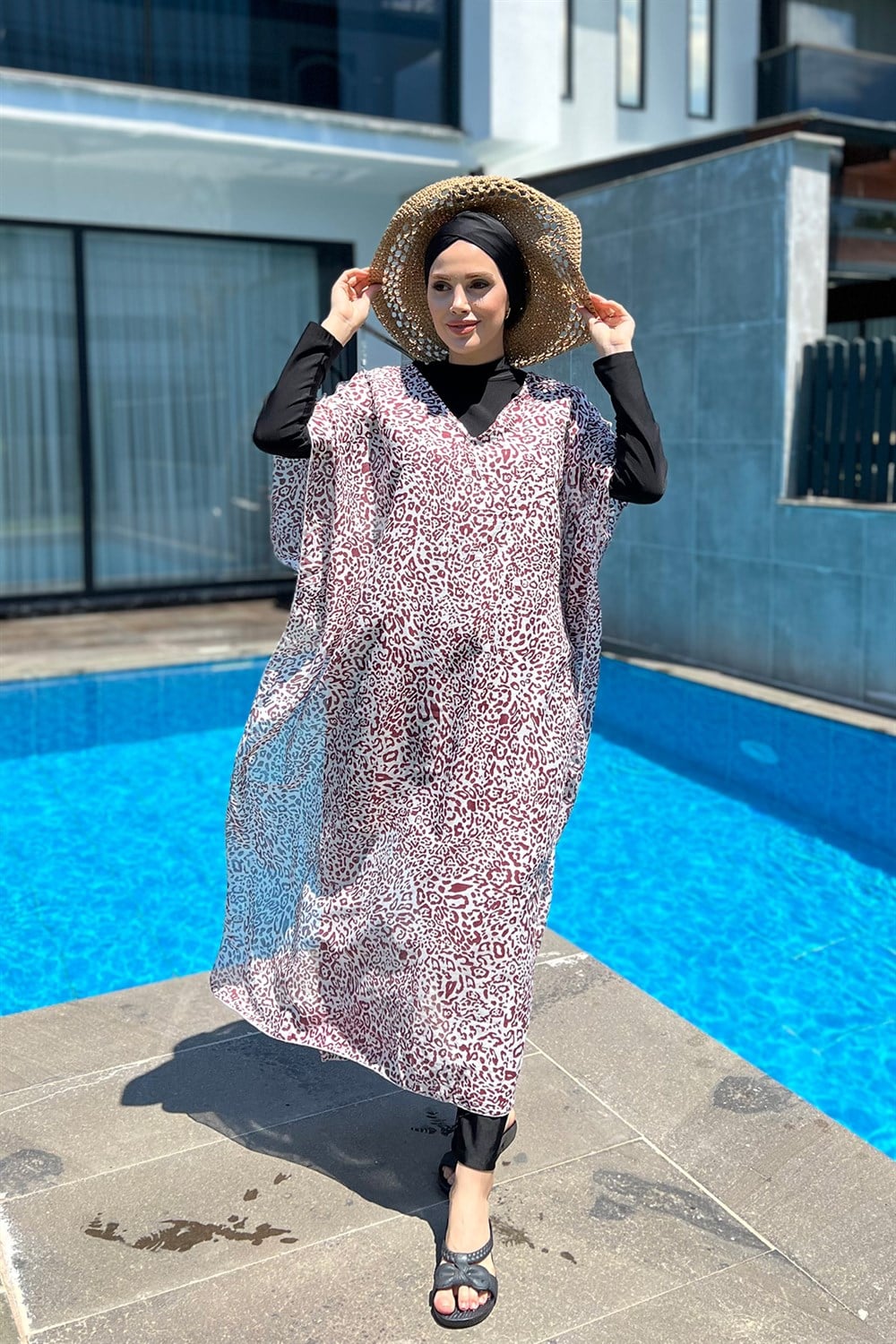 Remsa Mayo Üzerine Kaftan Pareo 430-217 Leopar Bordo