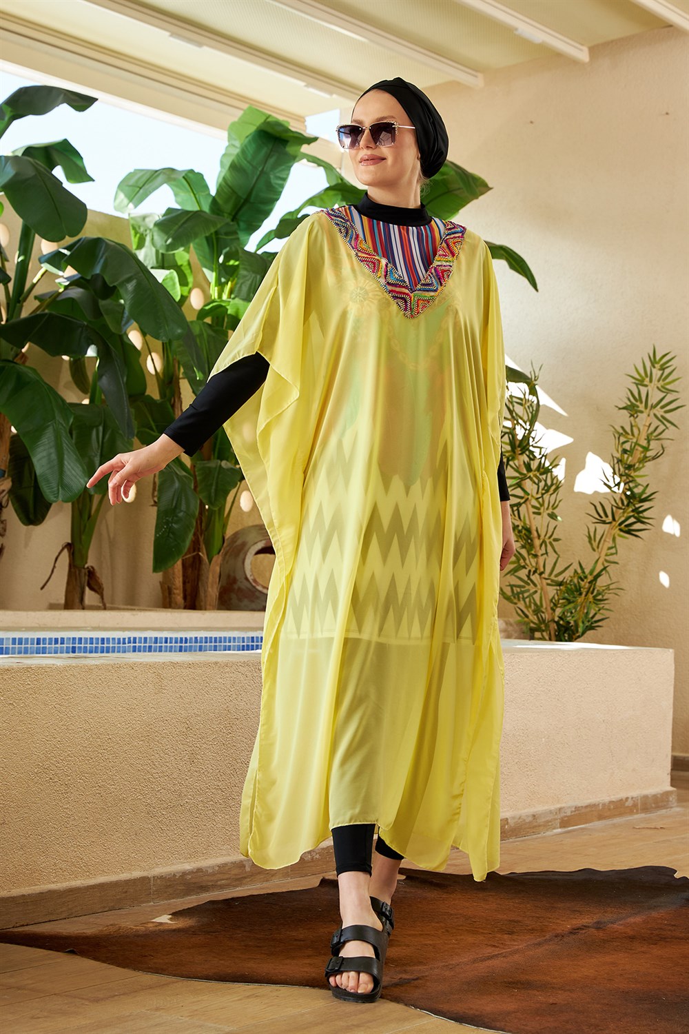 Remsa Mayo Üzerine Kaftan Pareo 430-500S Sarı Yakası İşlemeli