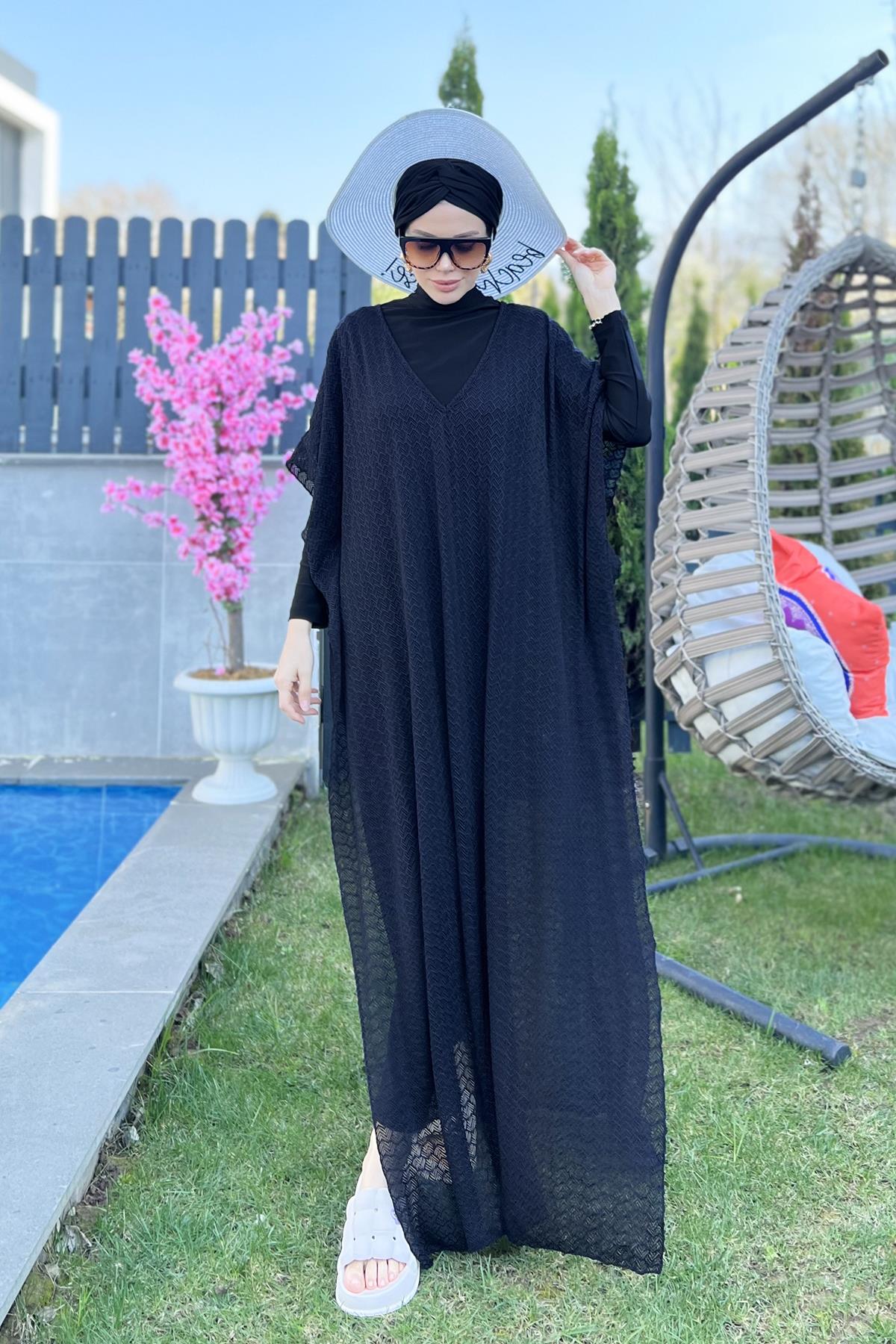 Remsa Mayo Üzerine Örme Kaftan Pareo 430-T1 Siyah