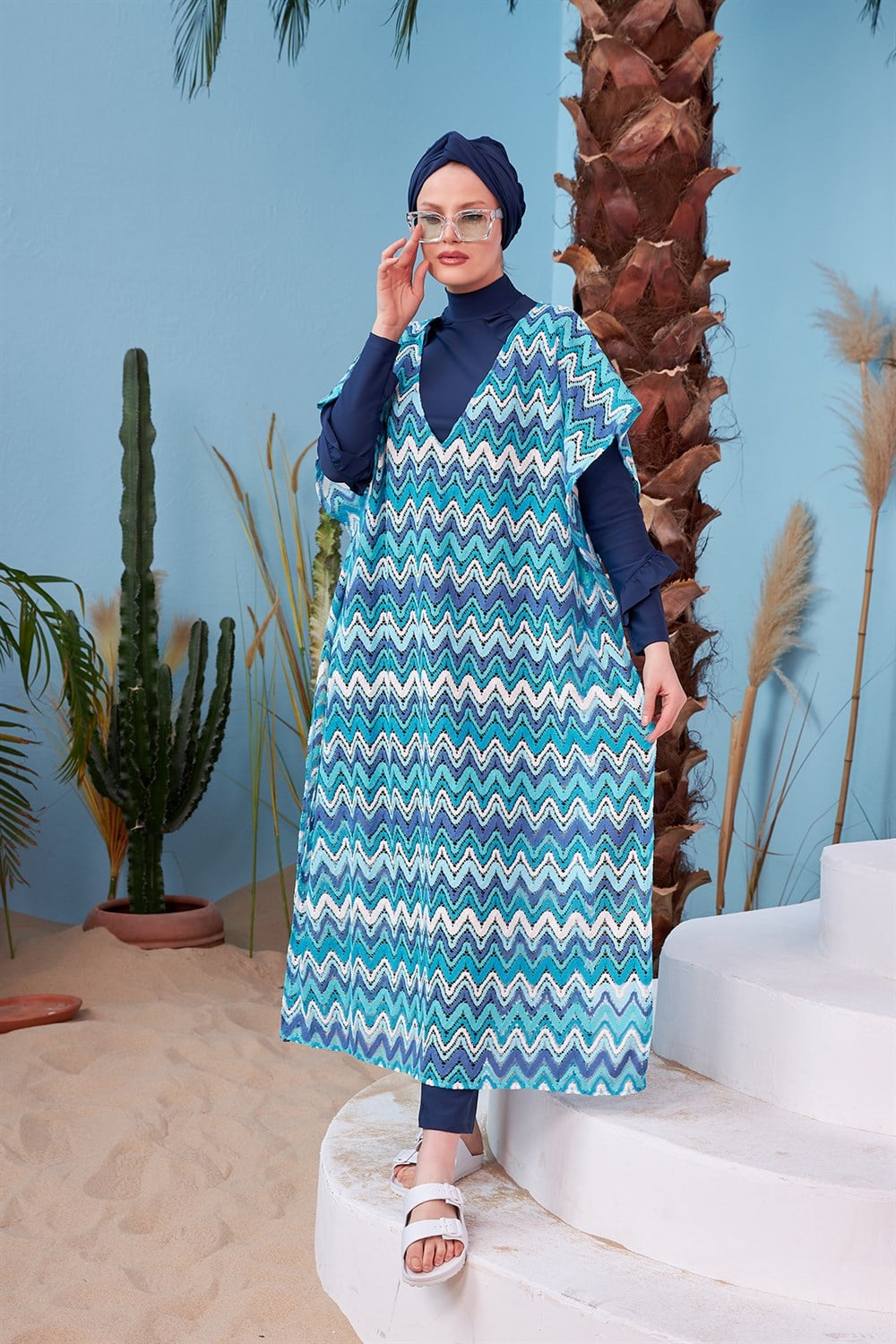 Remsa Mayo Üzerine Örme Kaftan Pareo 410-437 Turkuaz