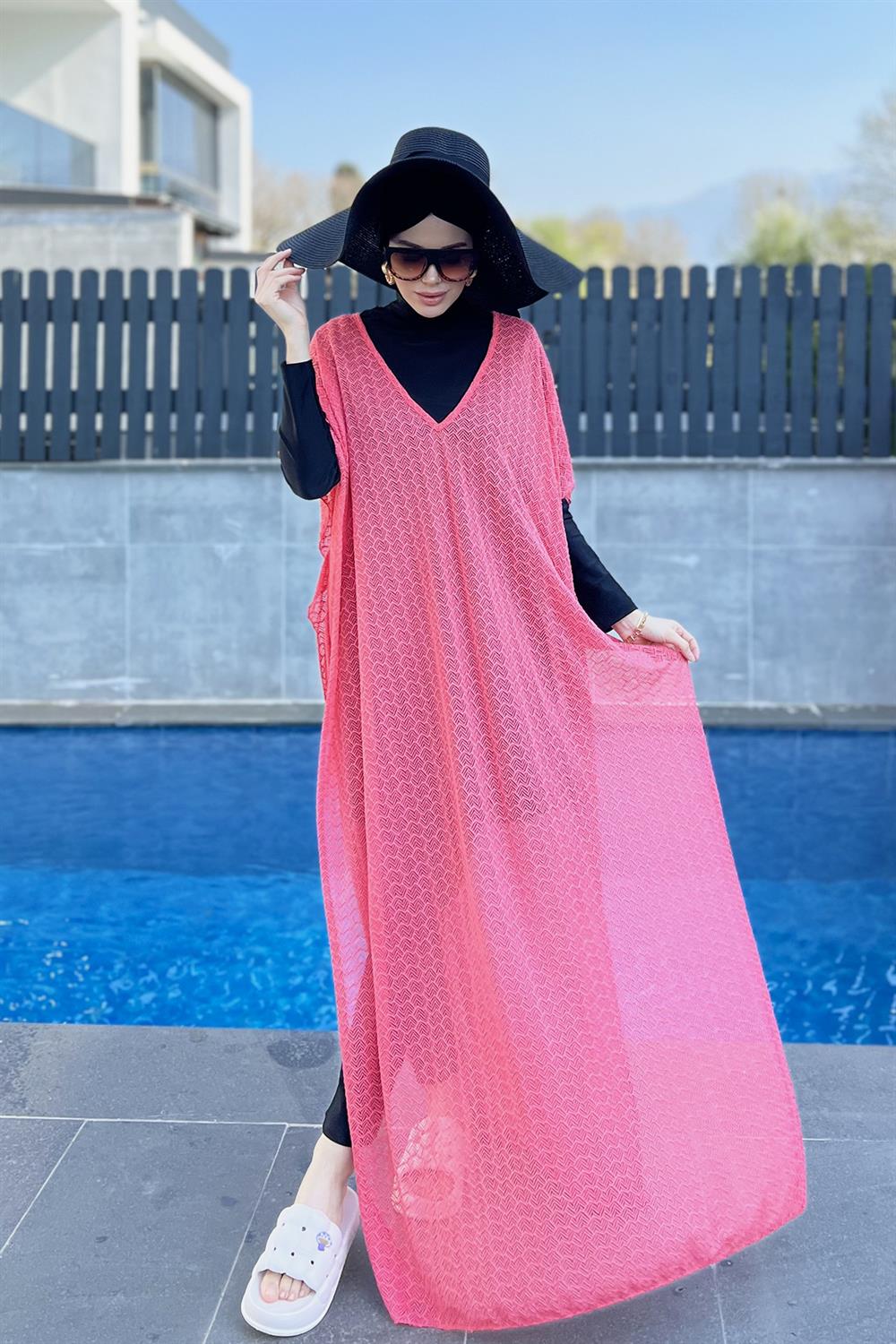 Remsa Mayo Üzerine Örme Kaftan Pareo 430-T6 Nar Çiçeği