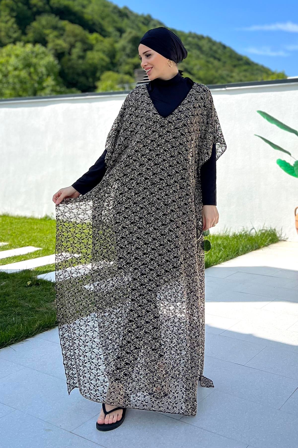 Remsa Tesettür Mayo Üzerine Delikli  Triko Örme Tek Kaftan Pareo 430-T11