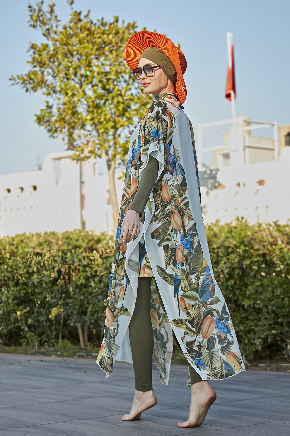 Remsa Tesettür Mayo Üzerine Desenli Tek Kaftan Pareo 430-552 Brezilya