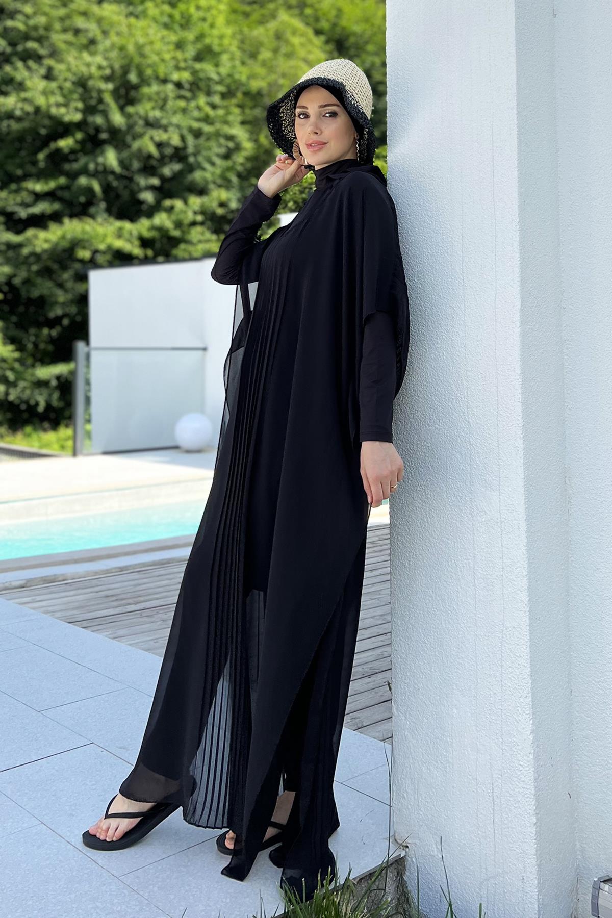 Remsa Tesettür Mayo Üzerine Desenli Tek Kaftan Pareo 430-317 Siyah Plise