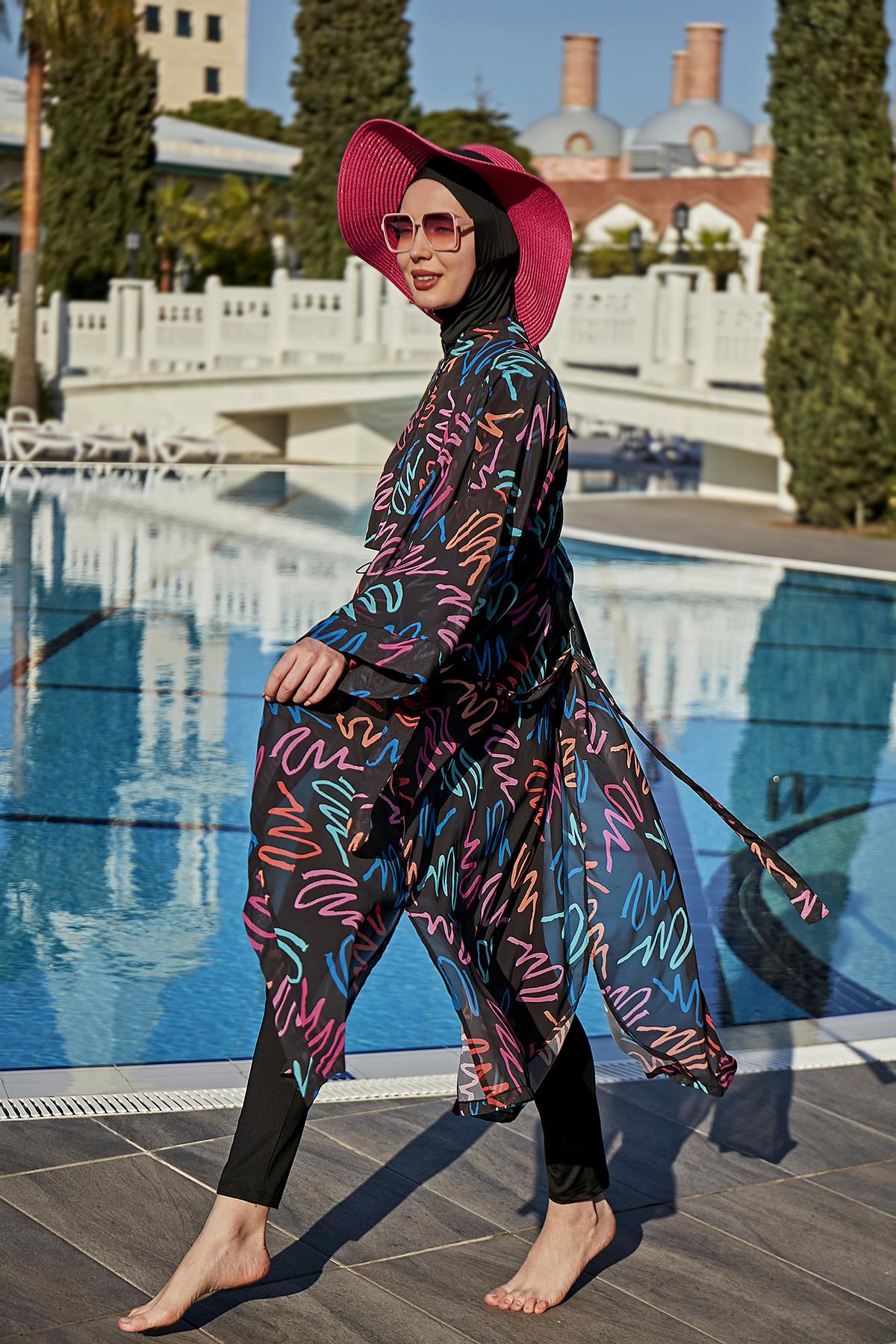 Remsa Tesettür Mayo Üzerine Tek Kaftan Kimono Pareo RP013 Neon