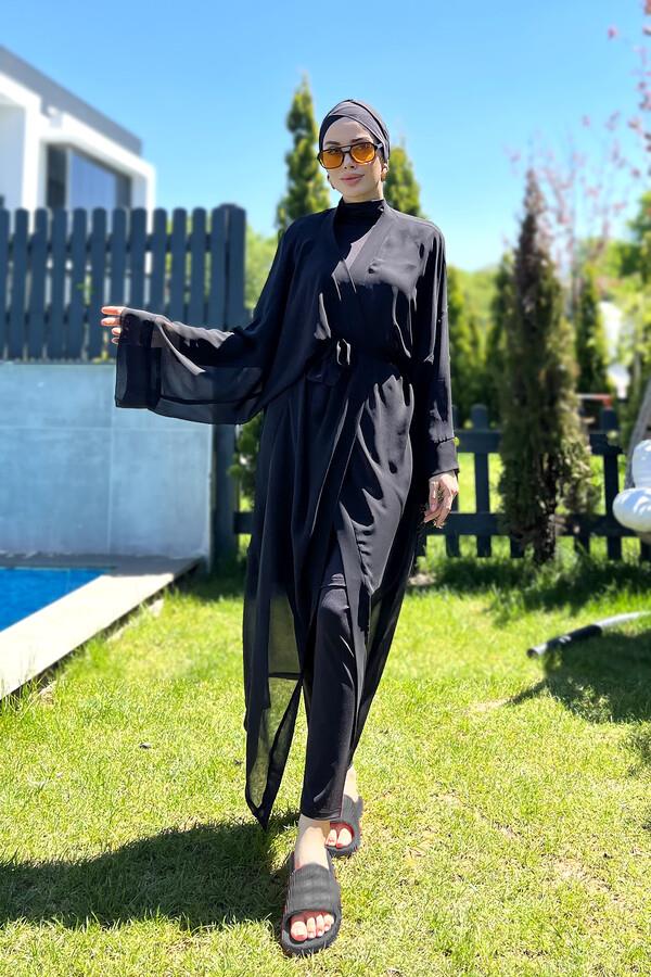 Remsa Tesettür Mayo Üzerine Tek Kaftan Kimono Pareo Düz Siyah RP004 Hatice