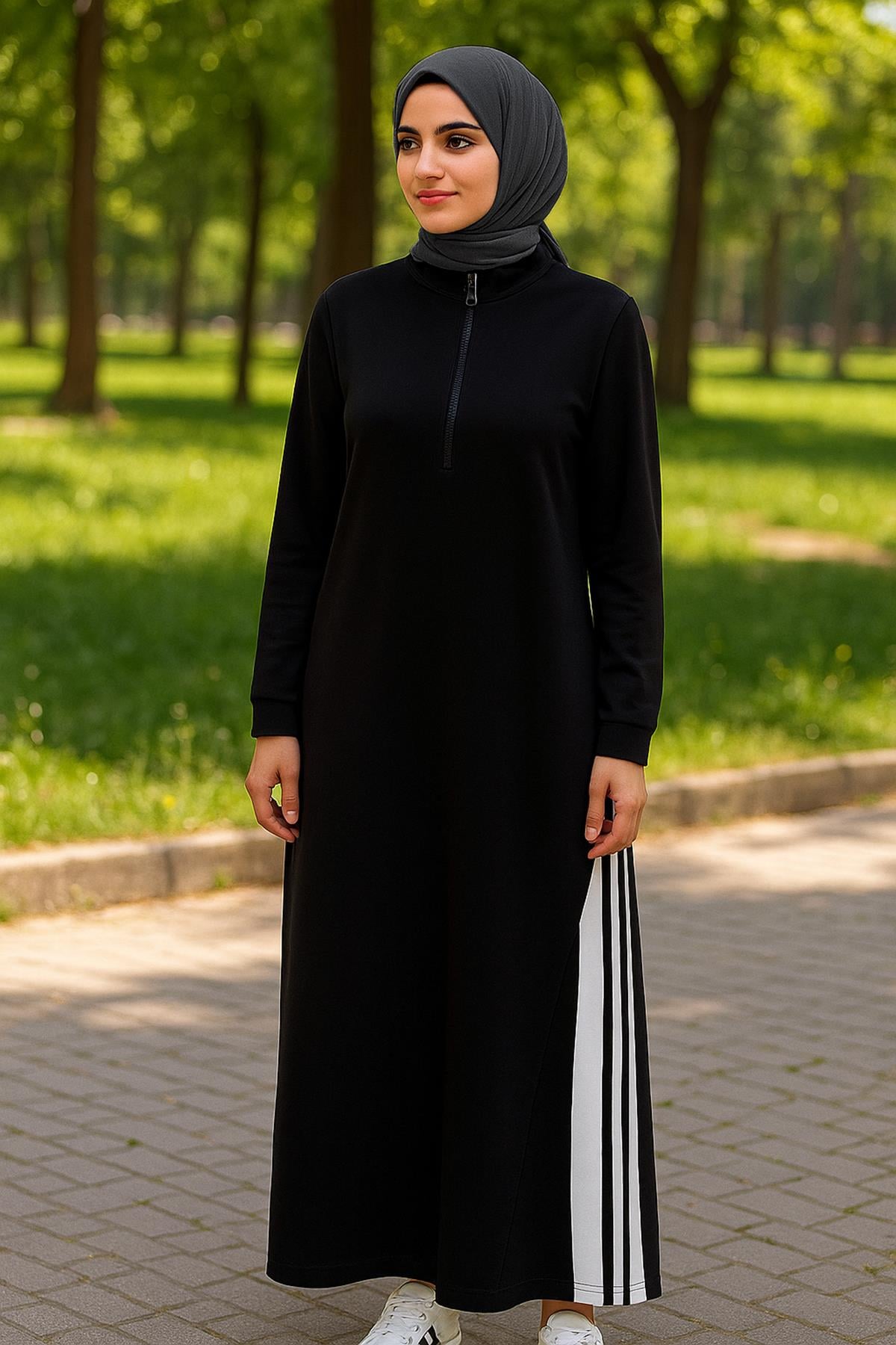 Şerit Detay Uzun Elbise 31472 Siyah