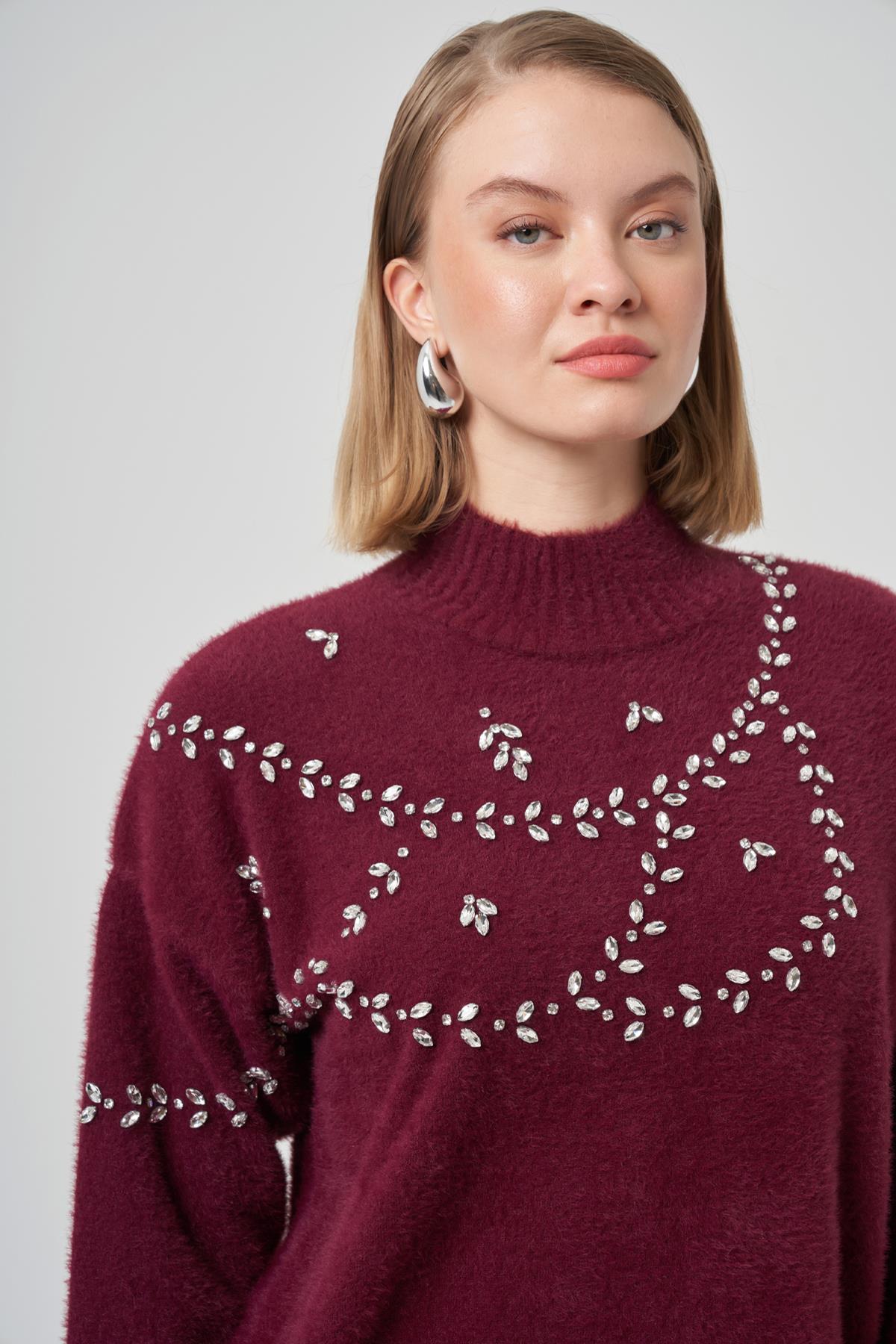 Taş Detay Angora Kazak Tunik 7002 Bordo