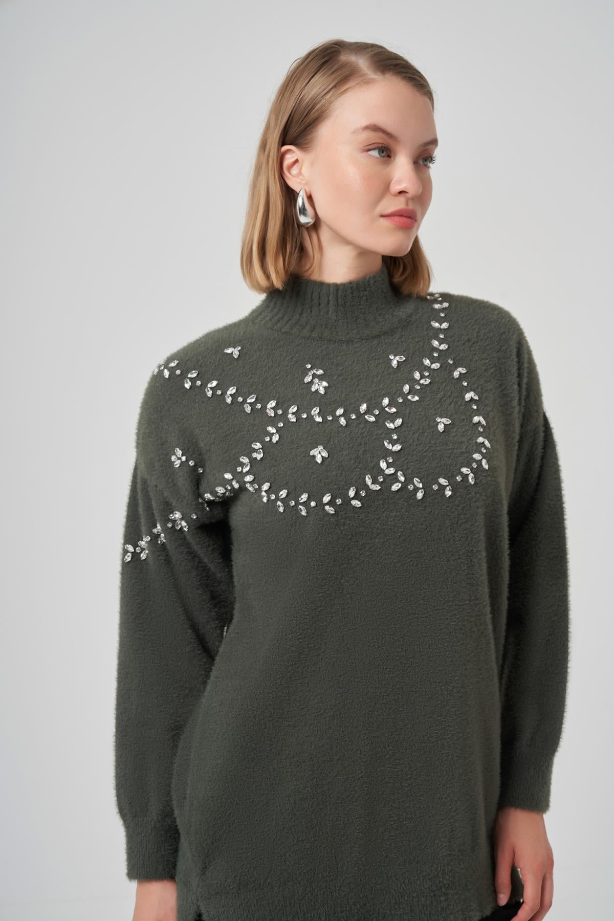Taş Detay Angora Kazak Tunik 7002 Haki
