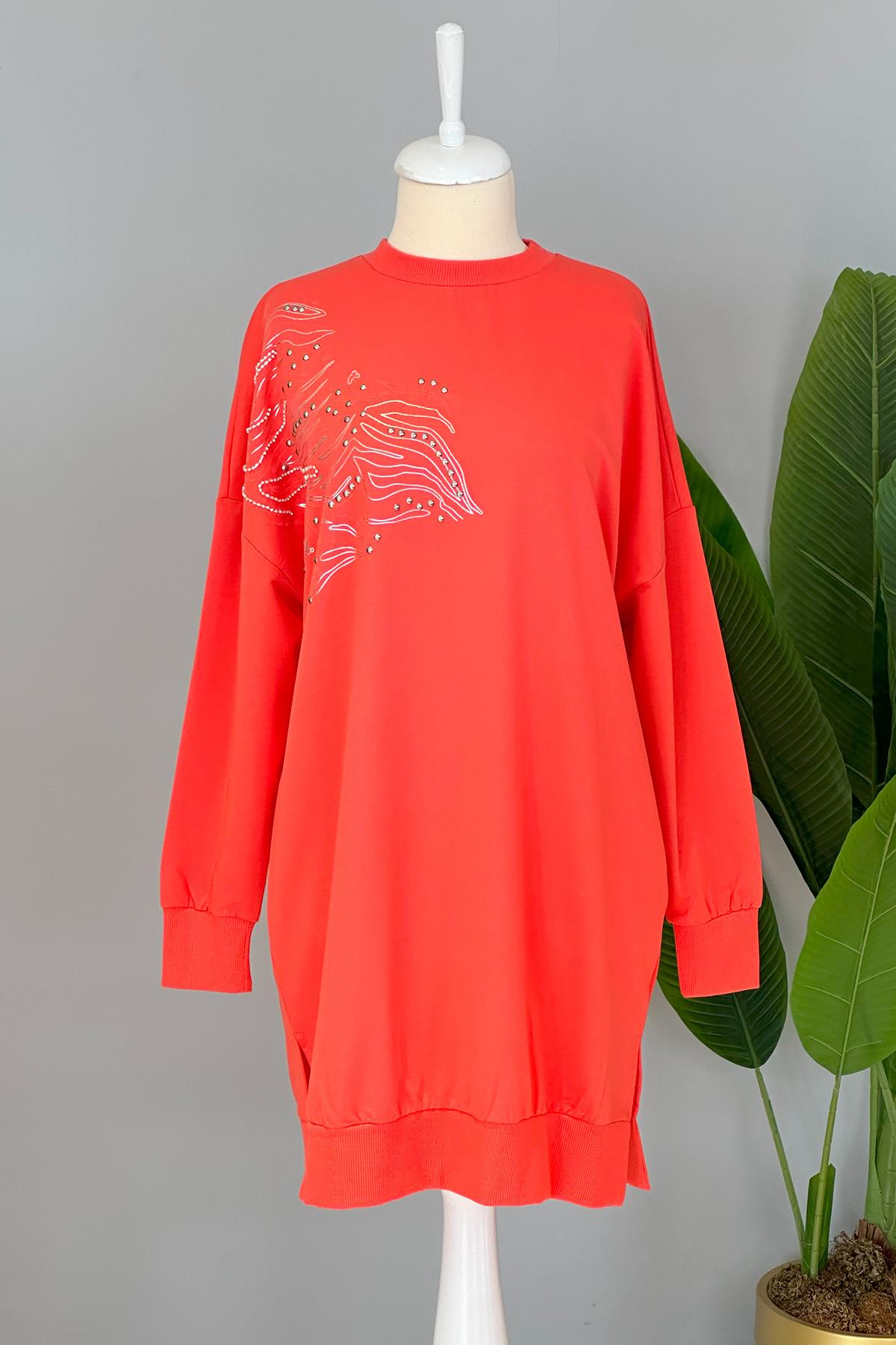 Taş Detay Basic Tunik Sweat 10443 Mercan