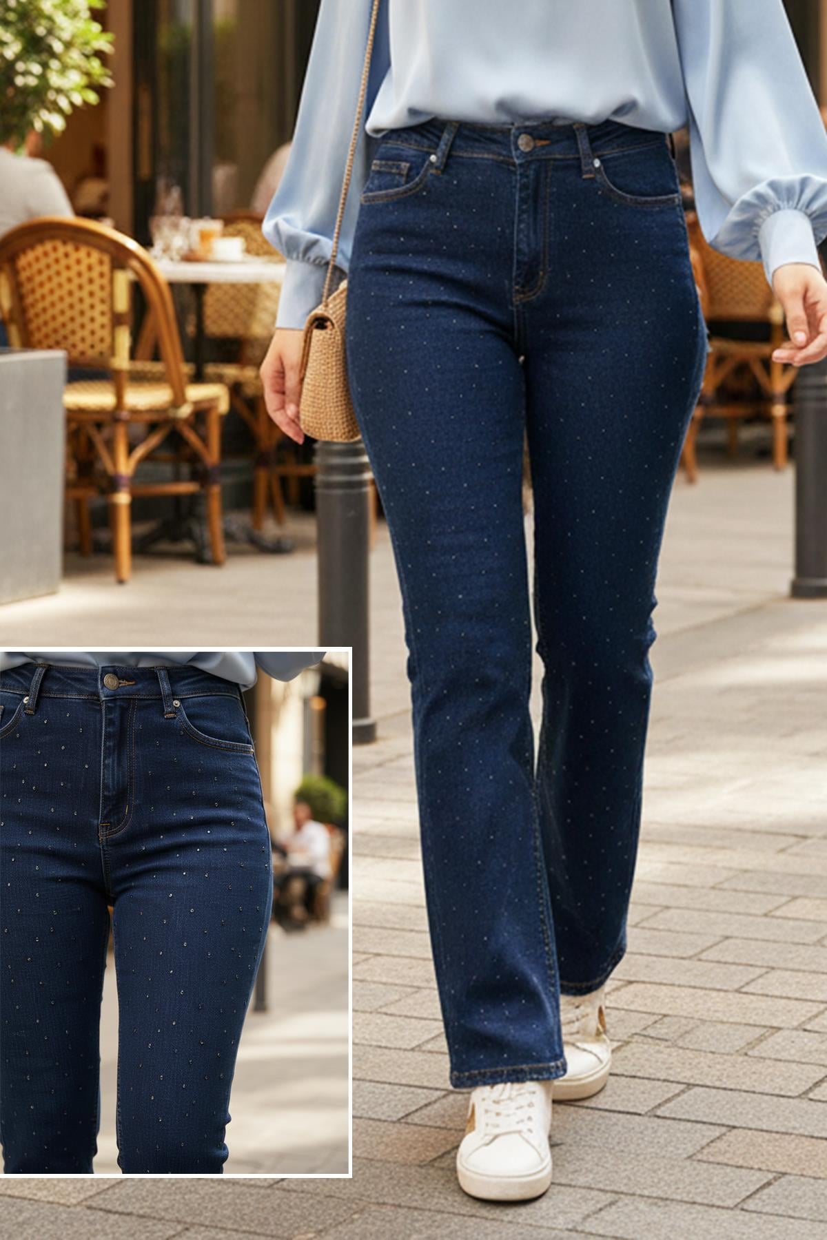 Taş Detay Bootcut Denim Pantolon 35772 Koyu Lacivert