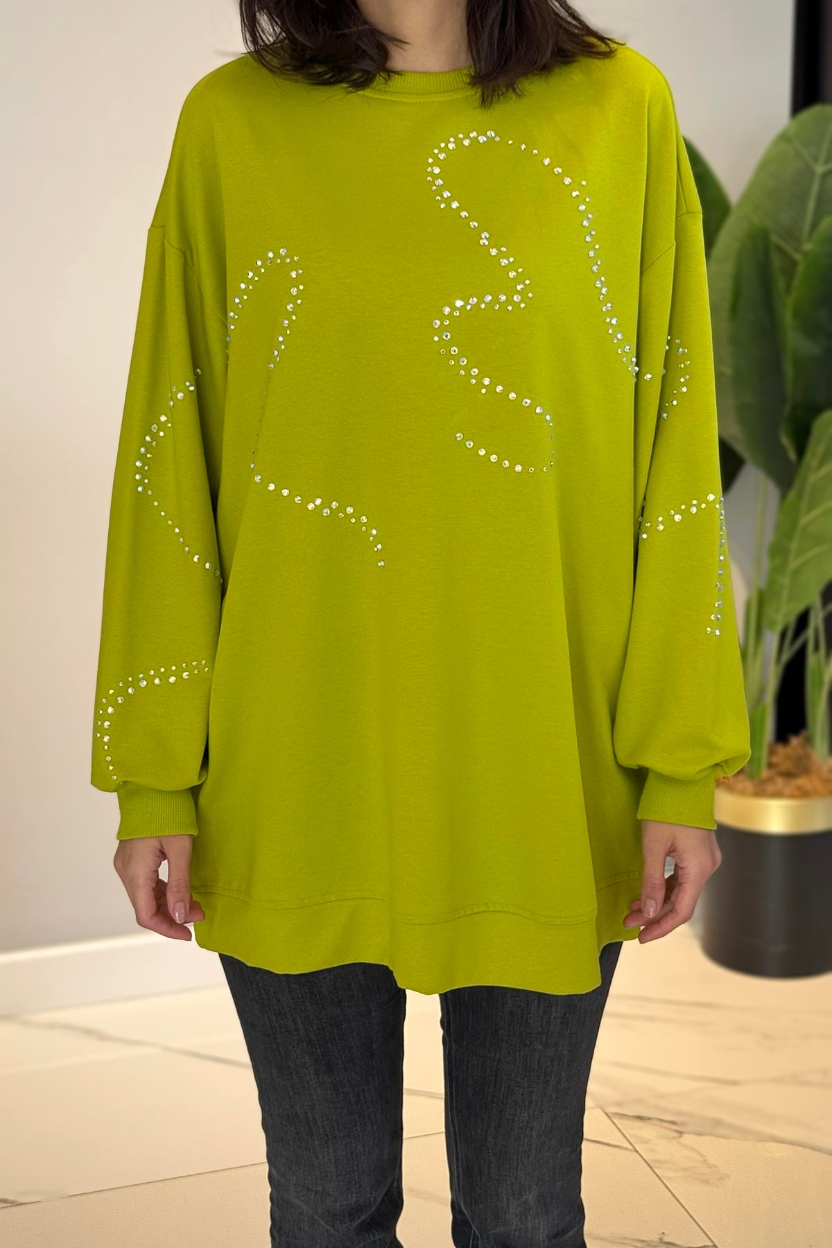 Taş Detaylı Oversize Tunik 34049 Neon Yeşil