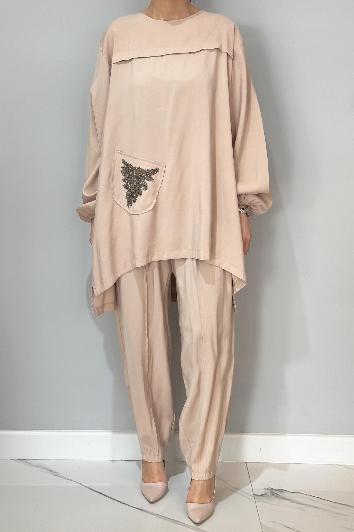 Taş Detaylı Tunik Pantolon Takım 8069 Bej