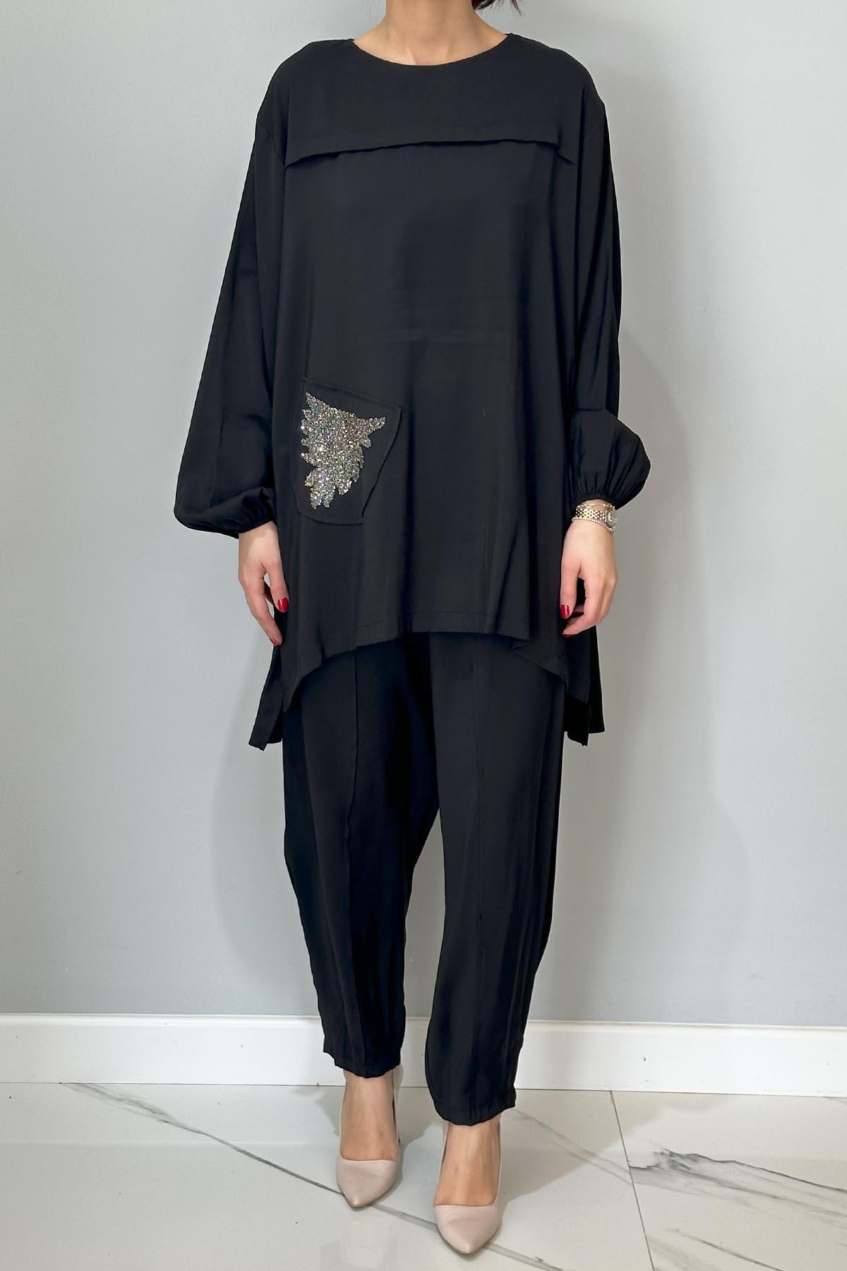 Taş Detaylı Tunik Pantolon Takım 8069 Siyah