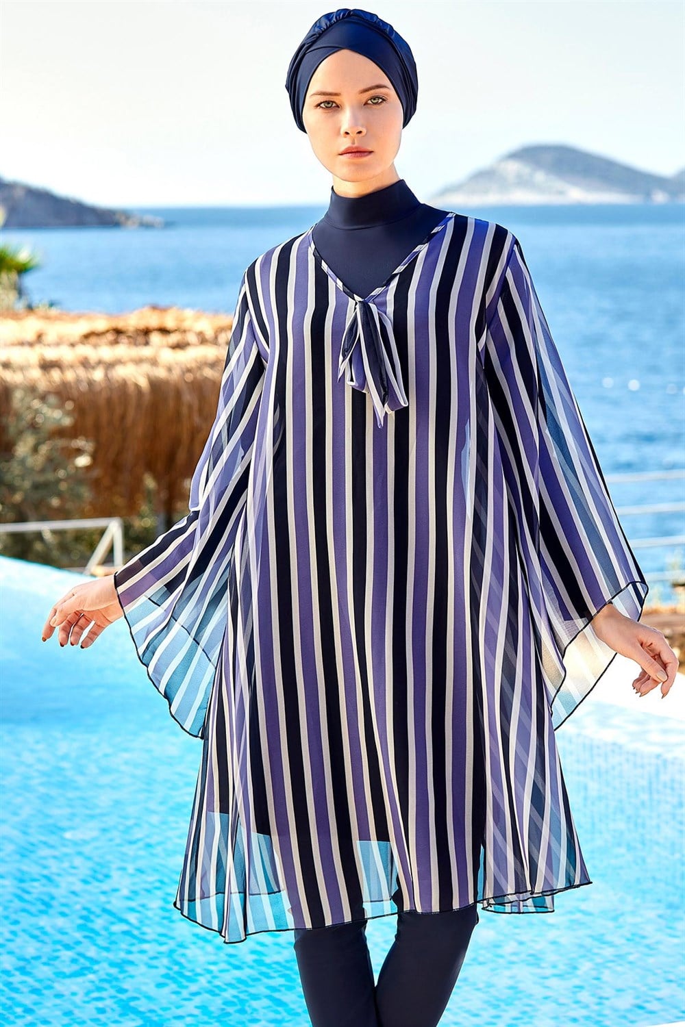Tesettür Mayo Üzerine Desenli Kaftan Pareo 6056 Lilla