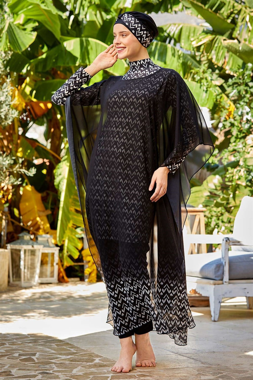 Tesettür Mayo Üzerine Desenli Kaftan Pareo Maresiva 0561