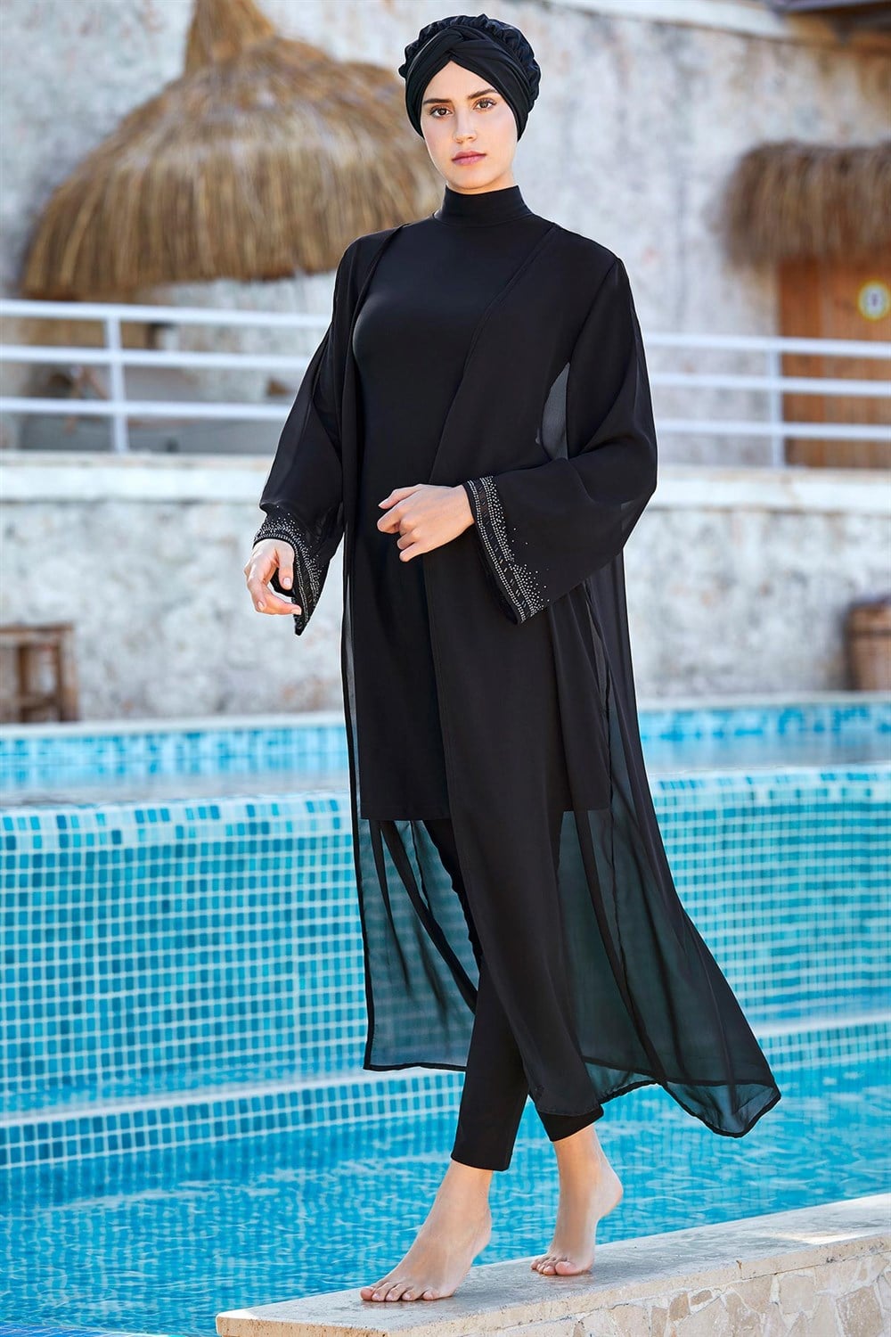 Tesettür Mayo Üzerine Desenli Kaftan Pareo 6051 Kol Detaylı
