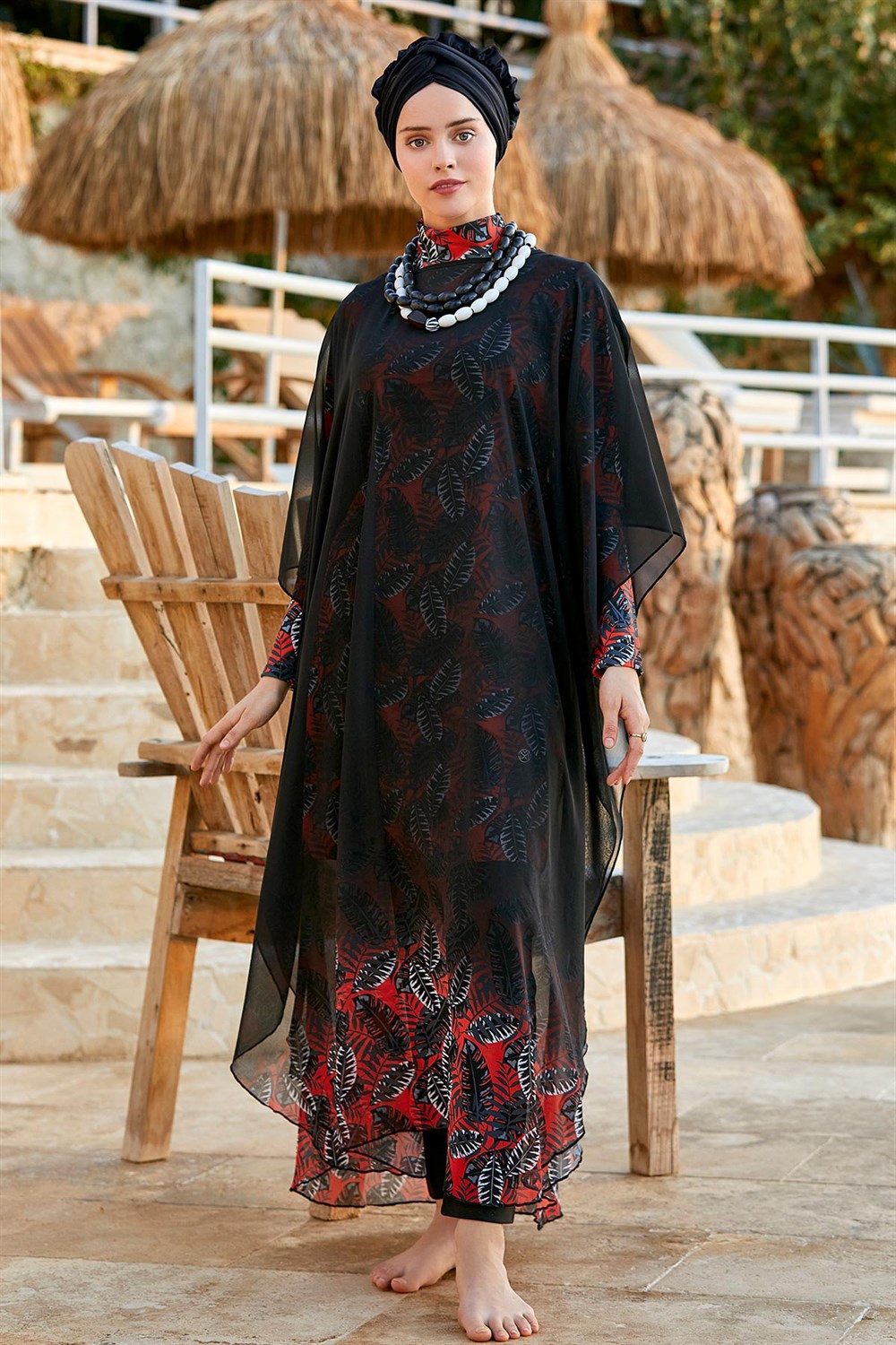 Tesettür Mayo Üzerine Desenli Kaftan Pareo 0562