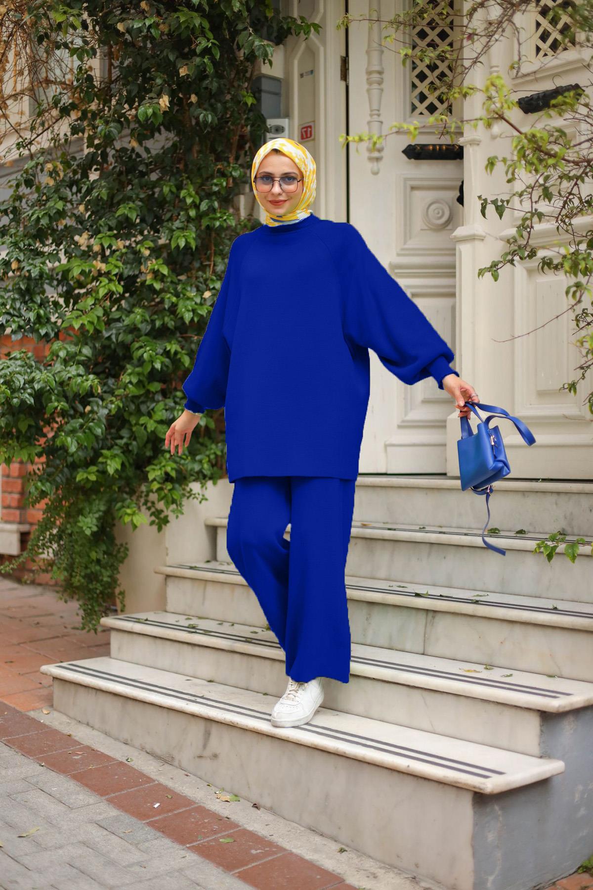 Tesettür Triko Pantolonlu Takım 14101 Saks