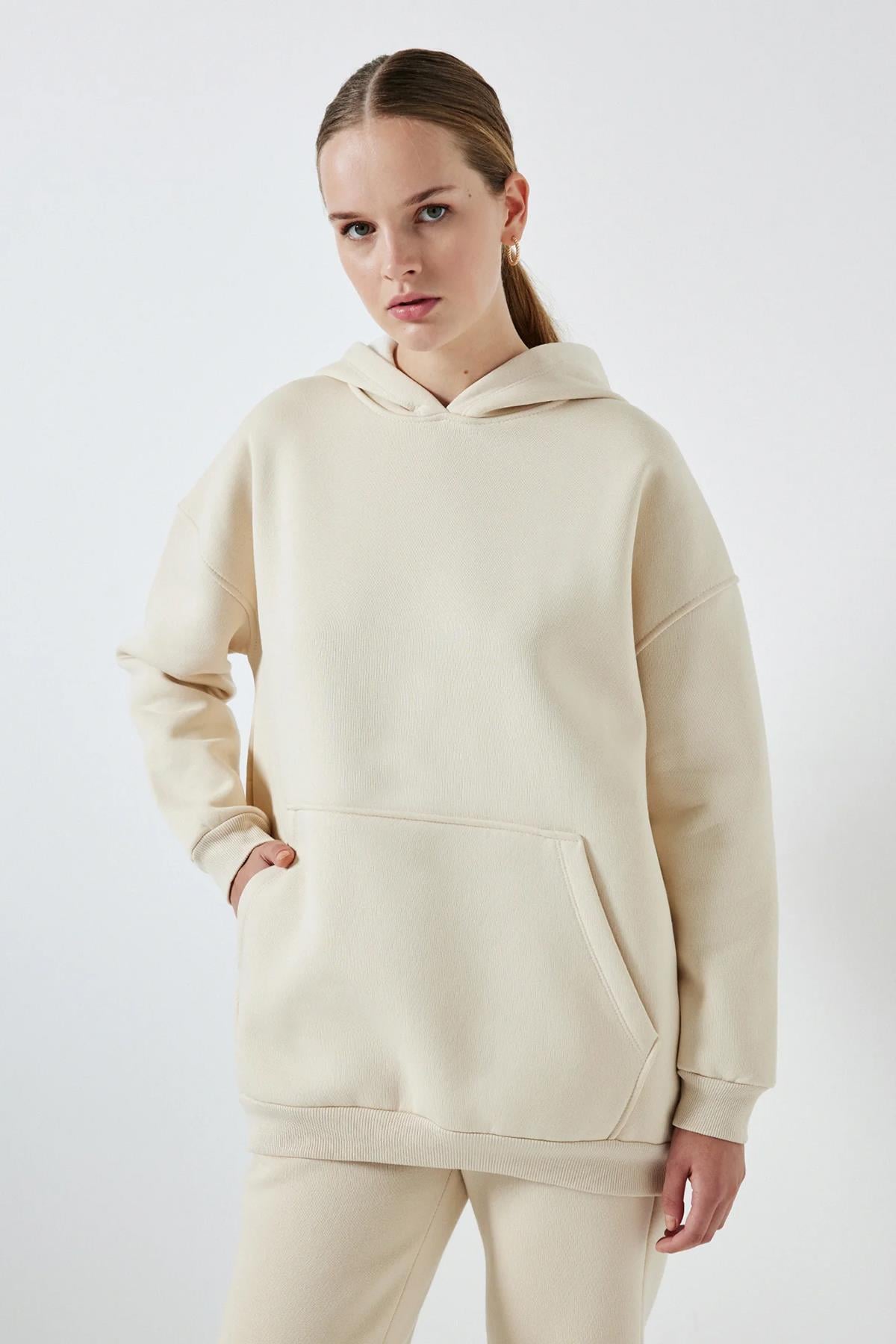 Touche Kapüşonlu Sweatshirt Eşofman Takımı 002 Bej