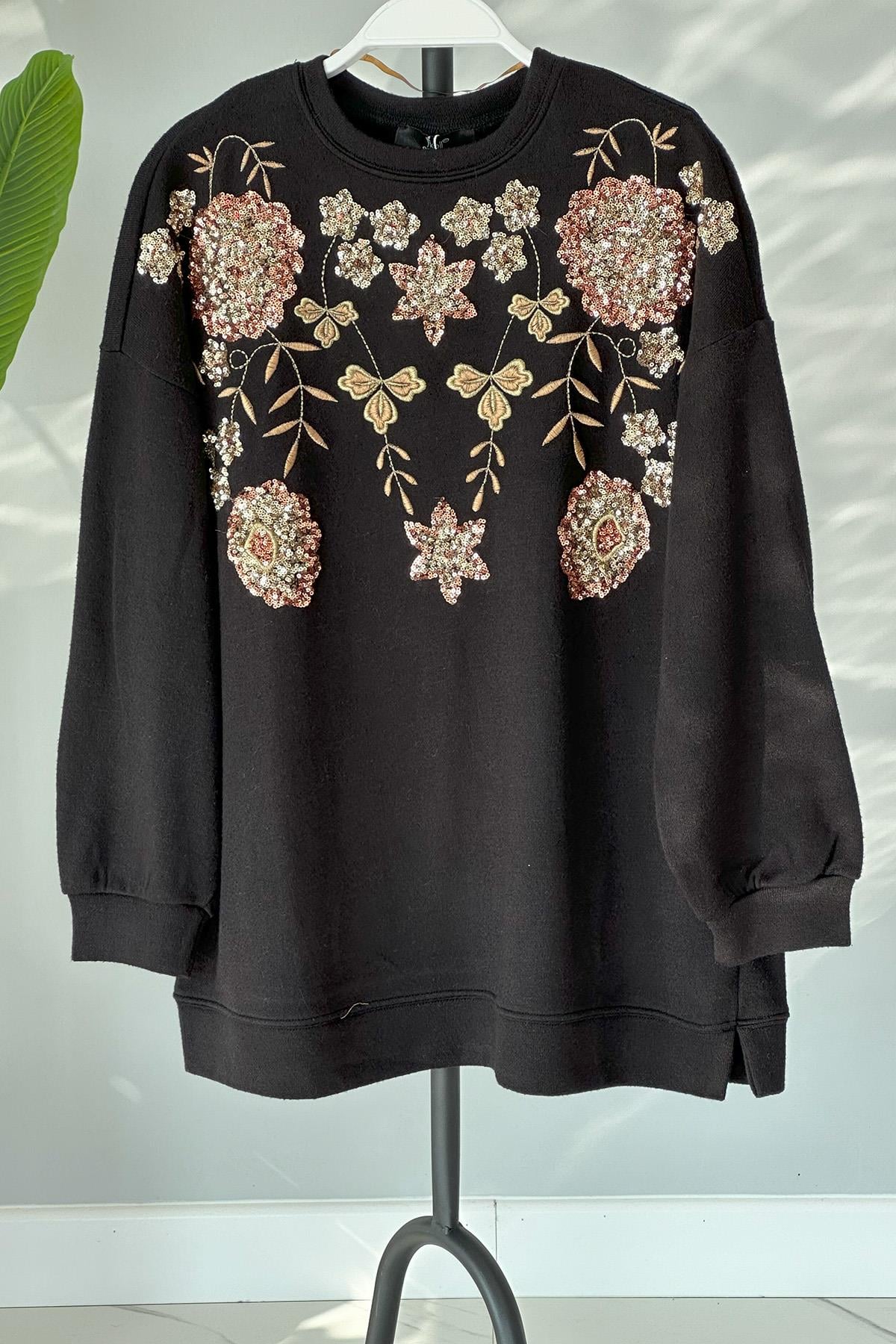 Triko Payet Nakış İşlemeli Kazak Tunik 31429 Siyah