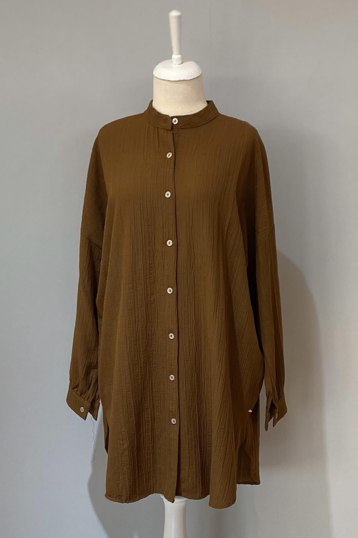 Viskon Oversize Krinkıl Tunik Gömlek Mara 4092 Kahverengi