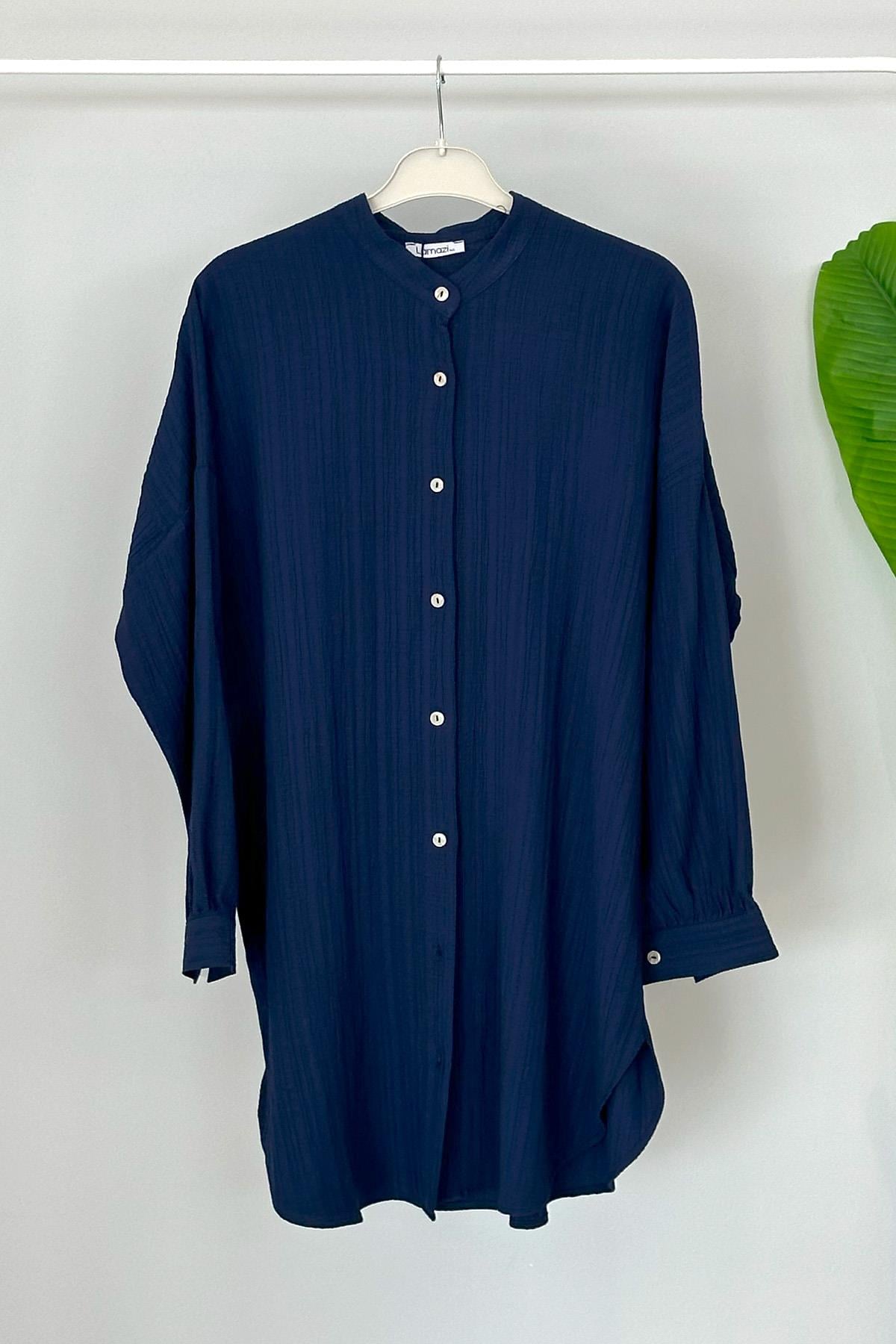 Viskon Oversize Krinkıl Tunik Gömlek Mara 4092 Lacivert