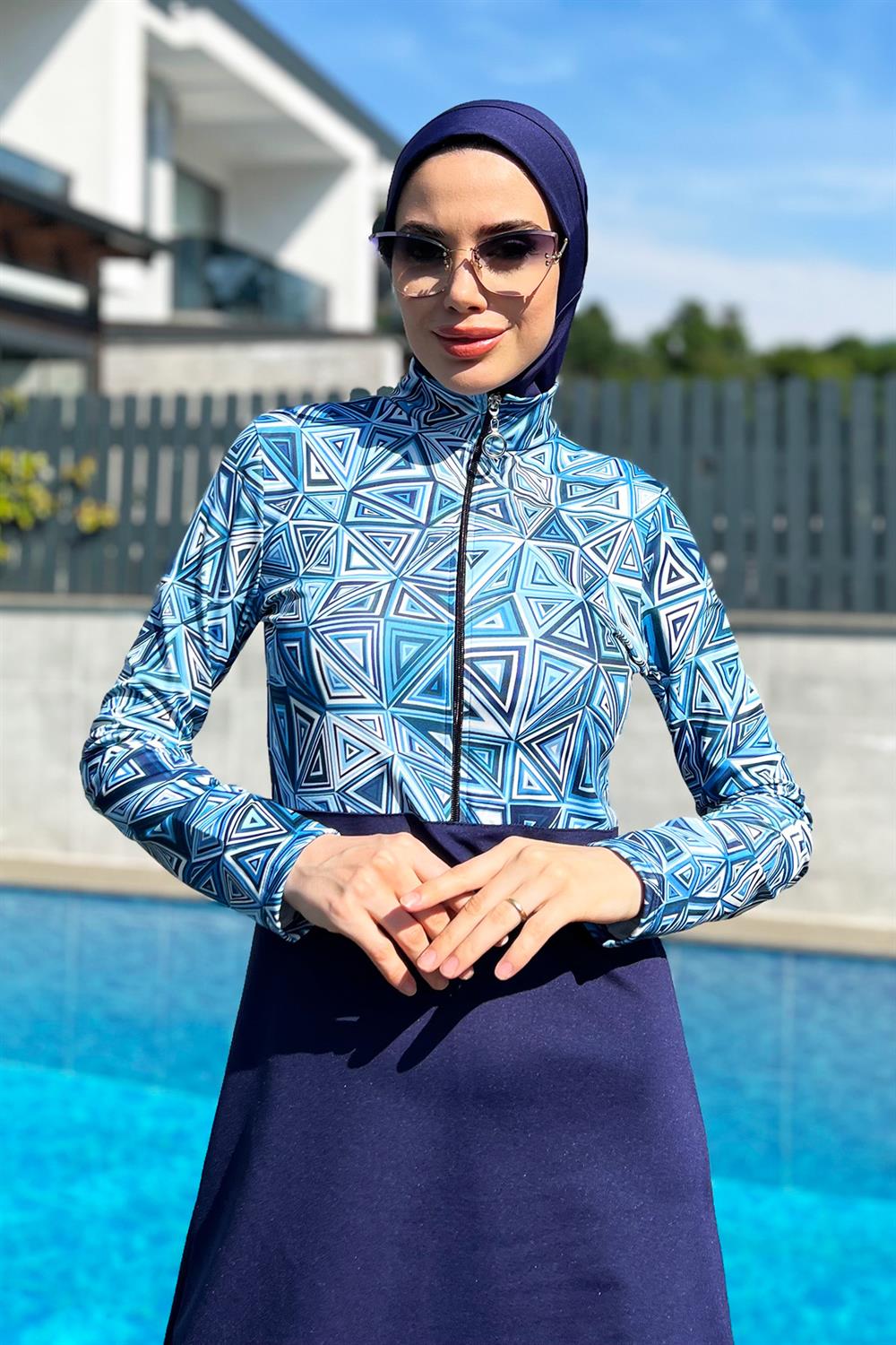 Yarım Fermuarlı Likralı Tam Kapalı Mayo R4506 Üçgen