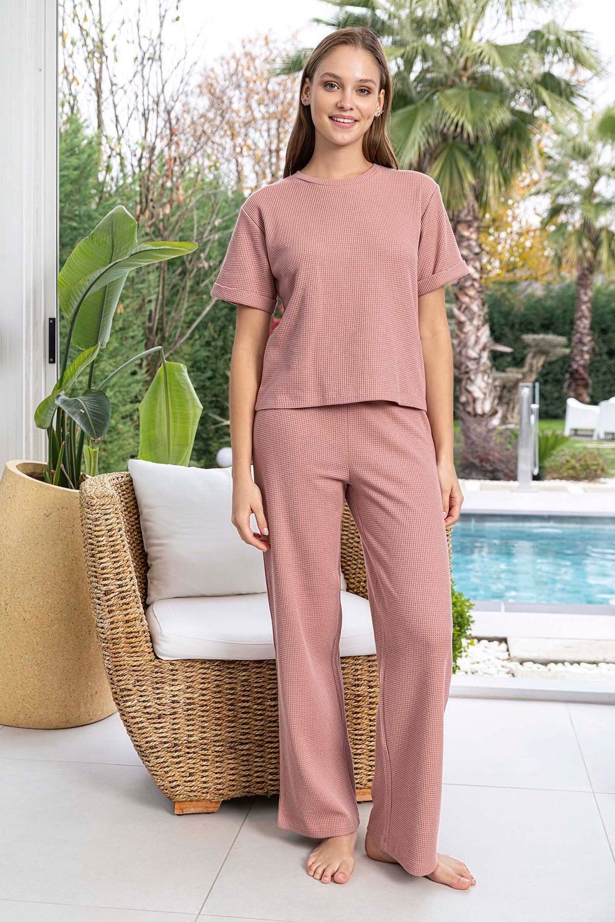  Kadın Kısa Kol Waffle Kumaş Pijama Takımı 260109 Gül Kurusu