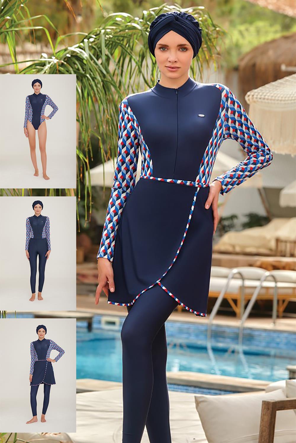 3 Farklı Şekilde Giyilebilir Likralı Tesettür Mayo Magnus 4454 Koyu Lacivert Remsa Mayo