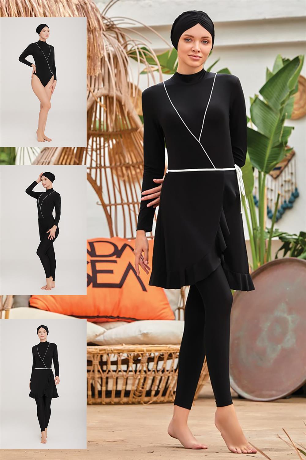 3 Farklı Şekilde Giyilebilir Likralı Tesettür Mayo Kandela 4458 Siyah Remsa Mayo