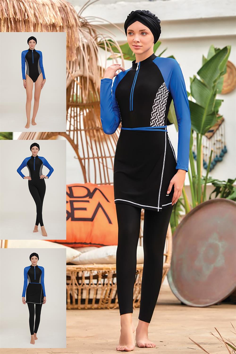 3 Farklı Şekilde Giyilebilir Likralı Tesettür Mayo Collar 4455 Siyah Remsa Mayo