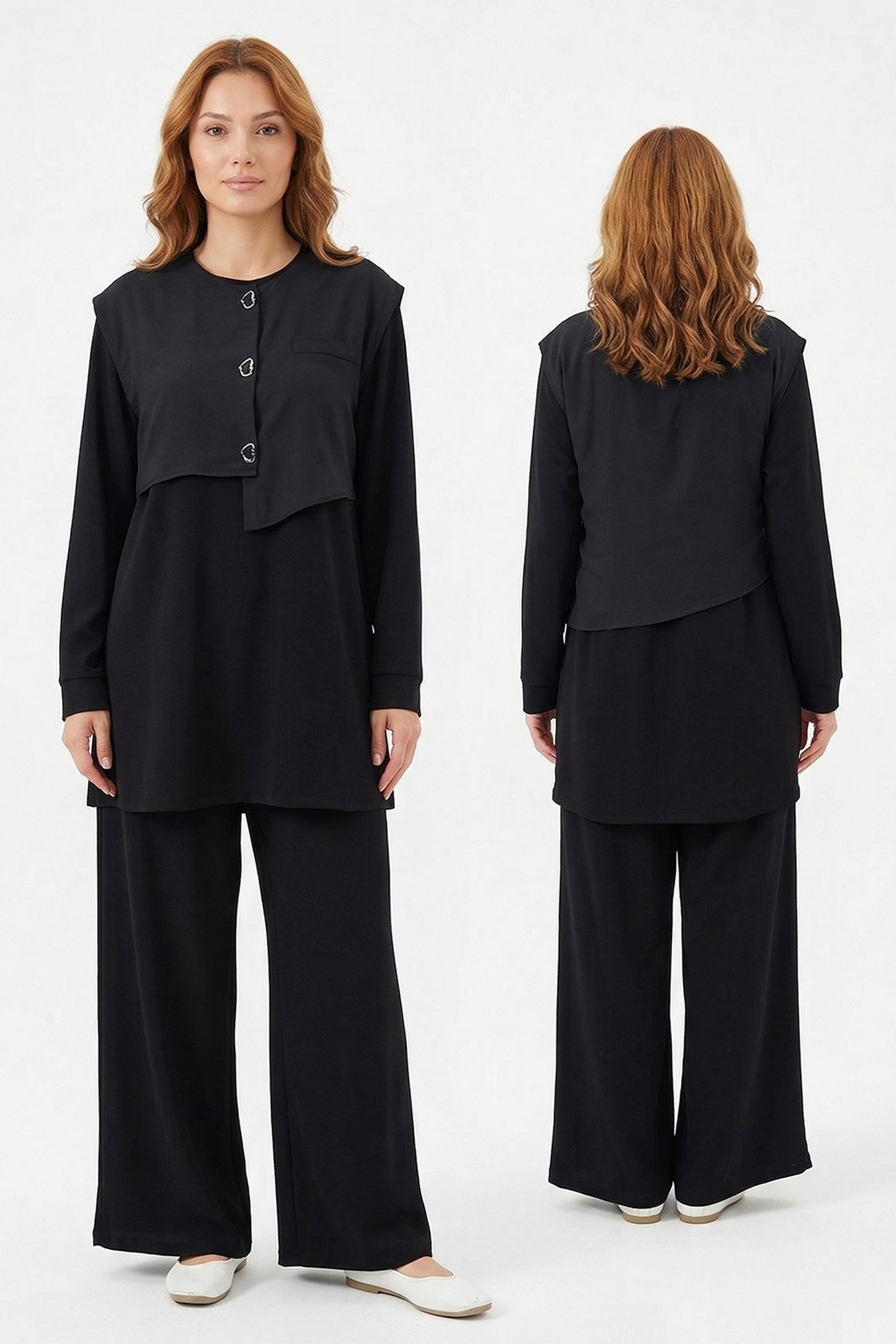 3'lü Modal Yelekli Takım 19002 Siyah