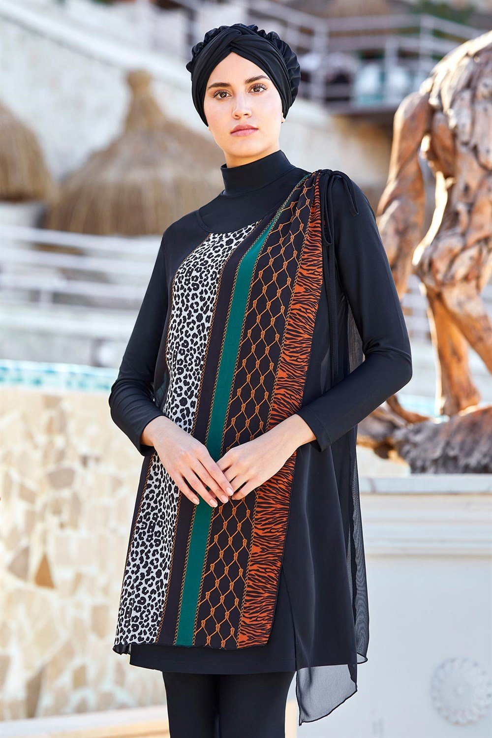 3'lü Pareolu Likralı Tam Kapalı Tesettür Mayo Adasea 4363 Siyah