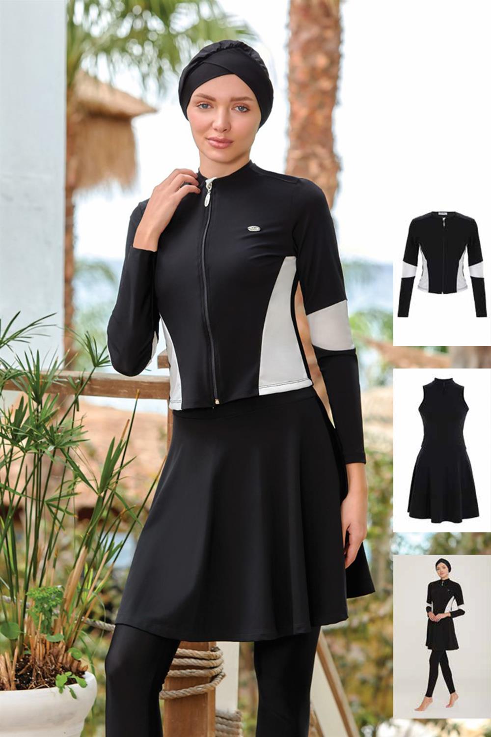 4 Farklı Şekilde Giyilebilir Likralı Tesettür Mayo Mell 4436 Siyah Remsa Mayo