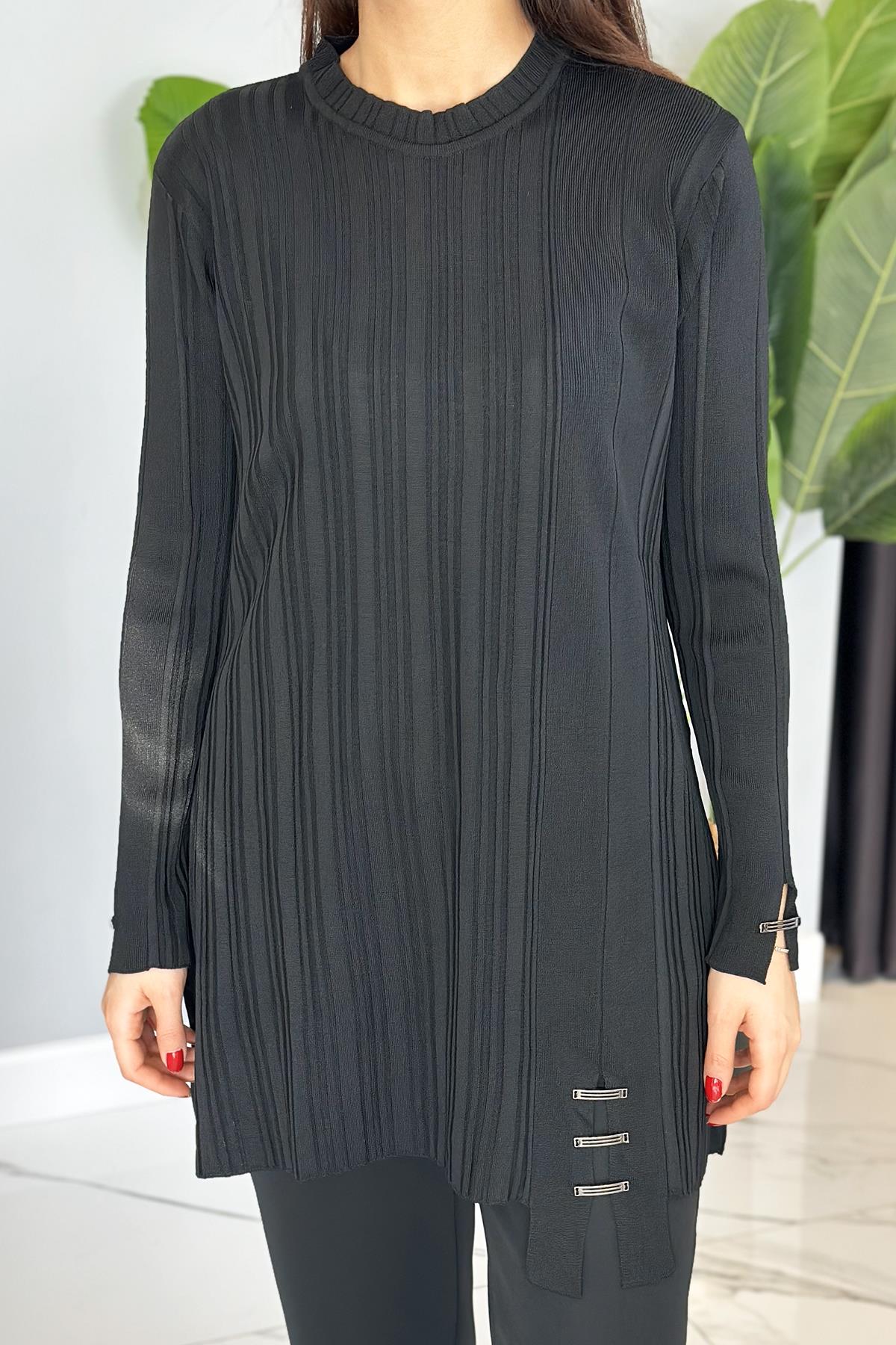 Aksesuar Detaylı Fitilli Triko Tunik 35041 Siyah