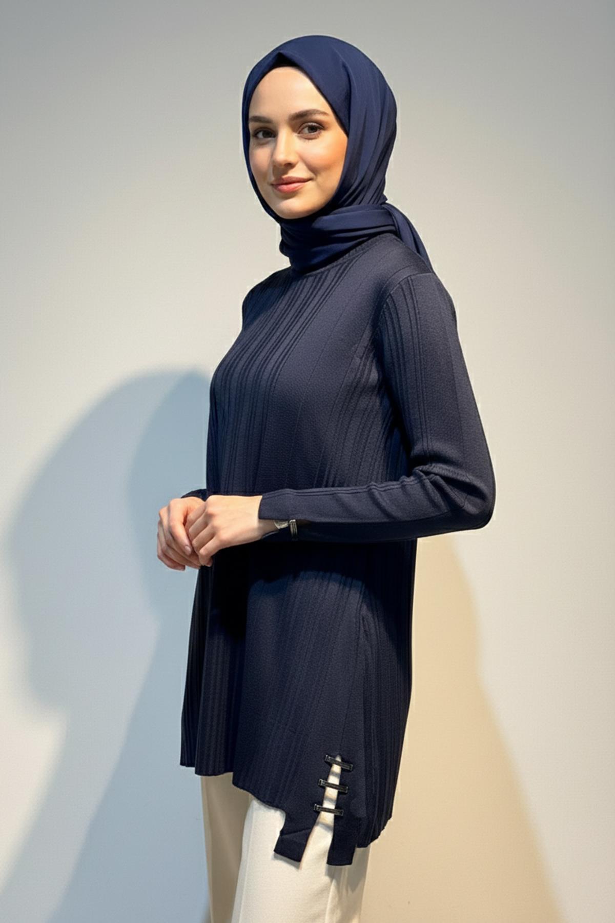 Aksesuar Detaylı Fitilli Triko Tunik 35041 Lacivert