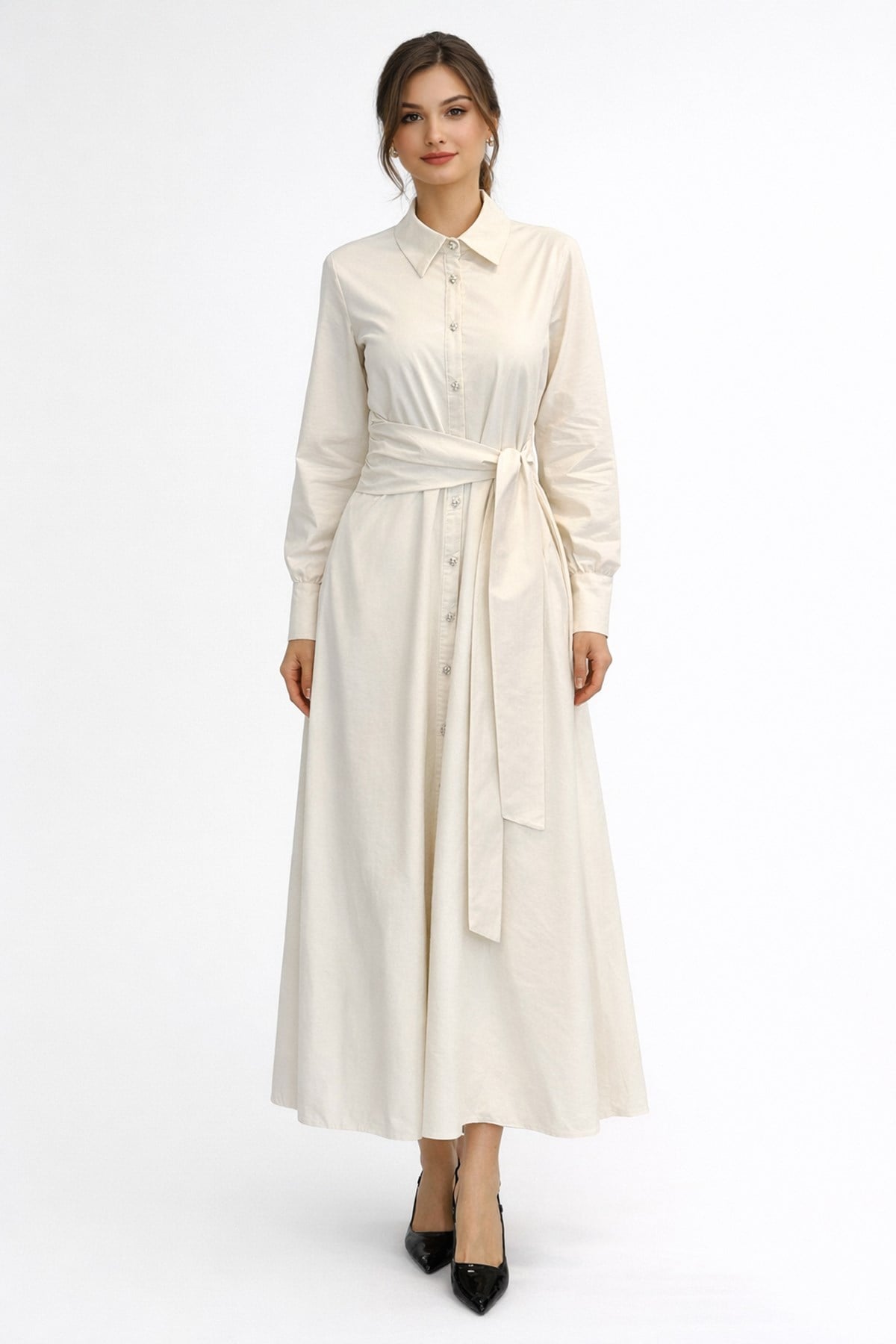 Bağlama Detay Poplin Elbise 13254 Bej