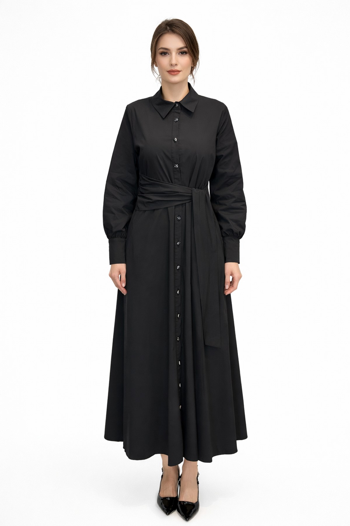 Bağlama Detay Poplin Elbise 13254 Siyah