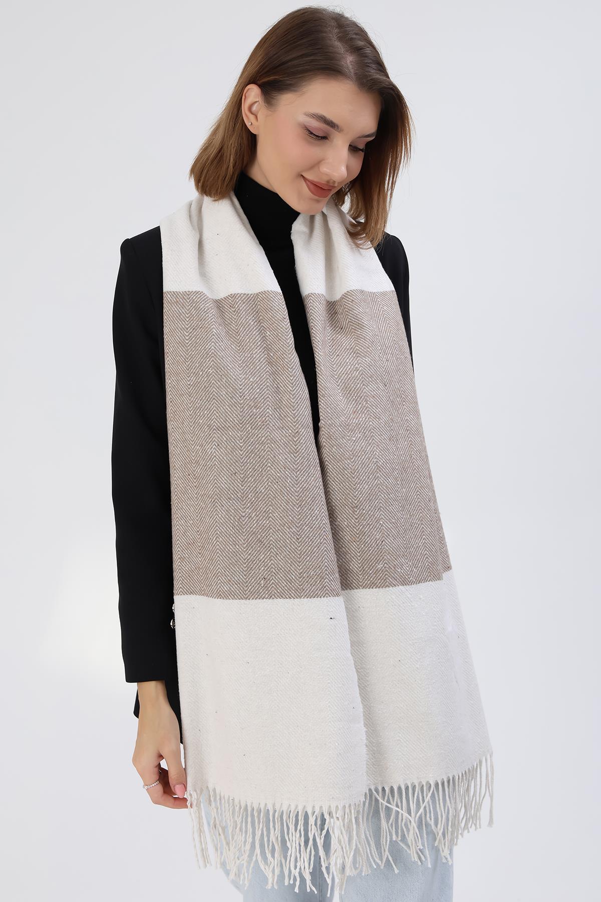 Balık Sırtı Desenli Omuz Şalı Atkı 60x190 cm 3811 Bej Ekru