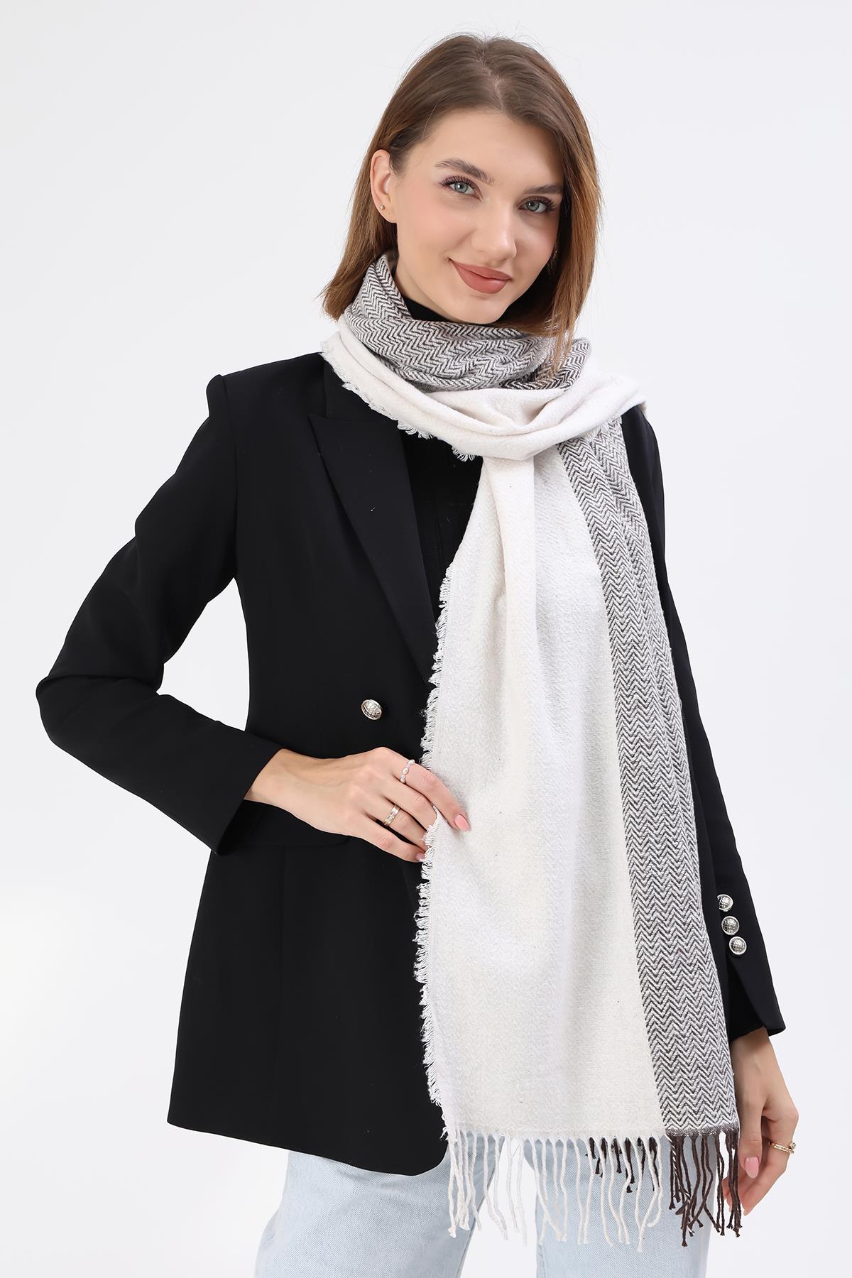 Balık Sırtı Desenli Omuz Şalı Atkı 60x185 cm 3804 Ekru Vizon