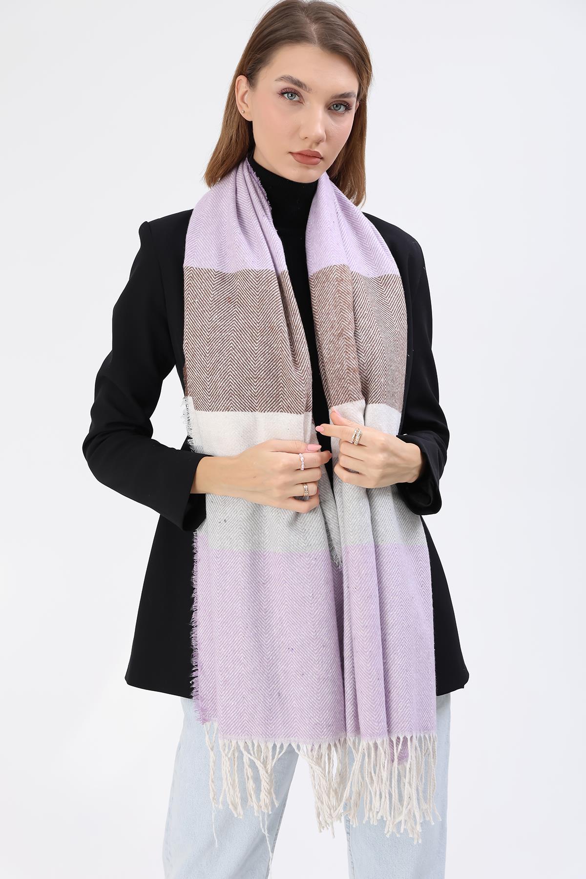 Balık Sırtı Desenli Omuz Şalı Atkı 60x180 cm 3809 Lila Bej