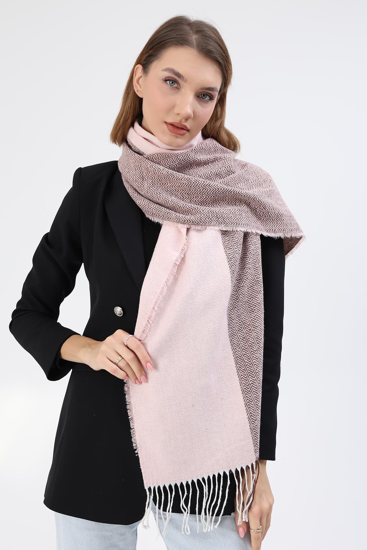 Balık Sırtı Desenli Omuz Şalı Atkı 60x190 cm 3803 Pembe